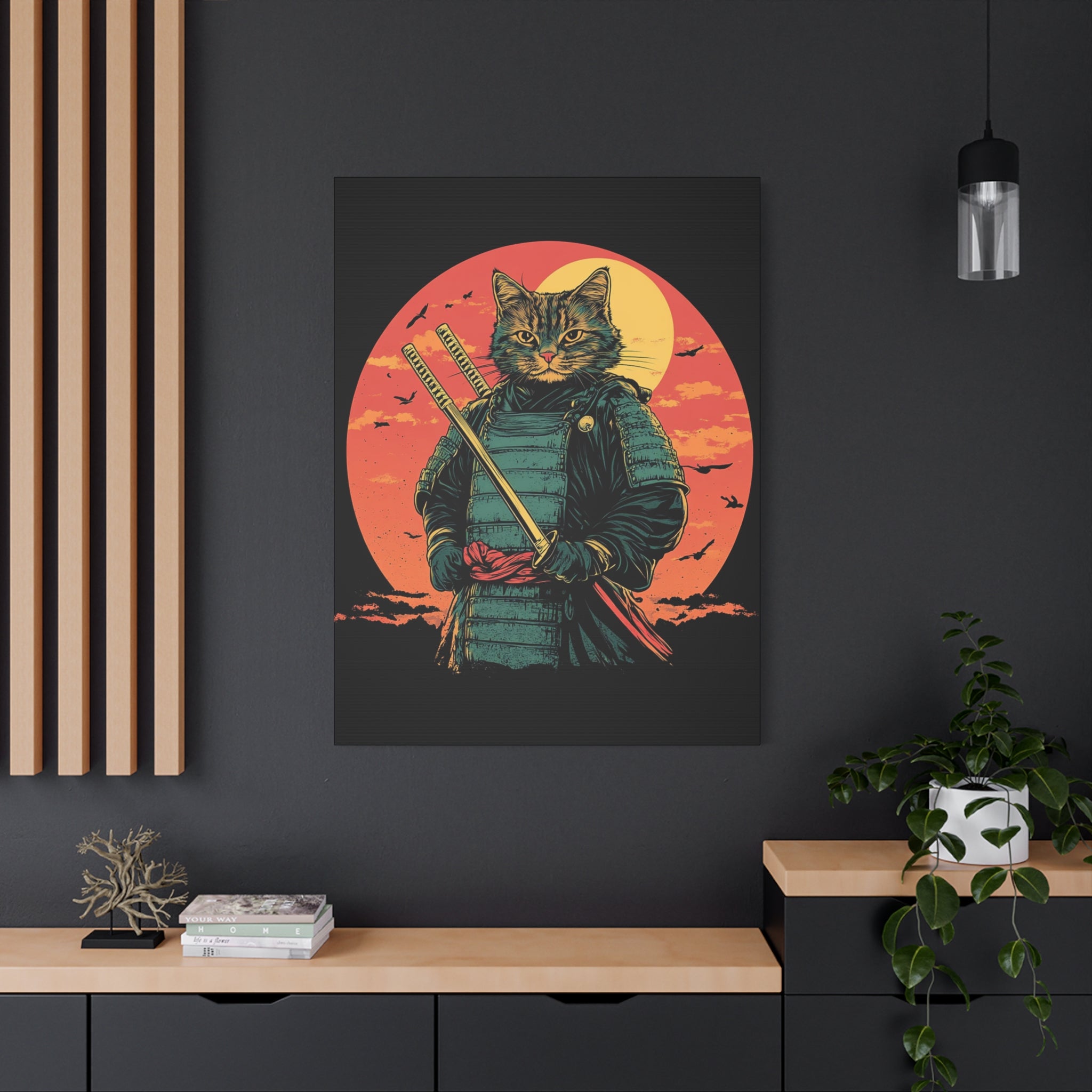 canvas-wall-art-samurai-cat-japanese-style-sunset-retro-wall-decor-stretched-matte-canvas-wall-hanging-home-decor-retro-wall-