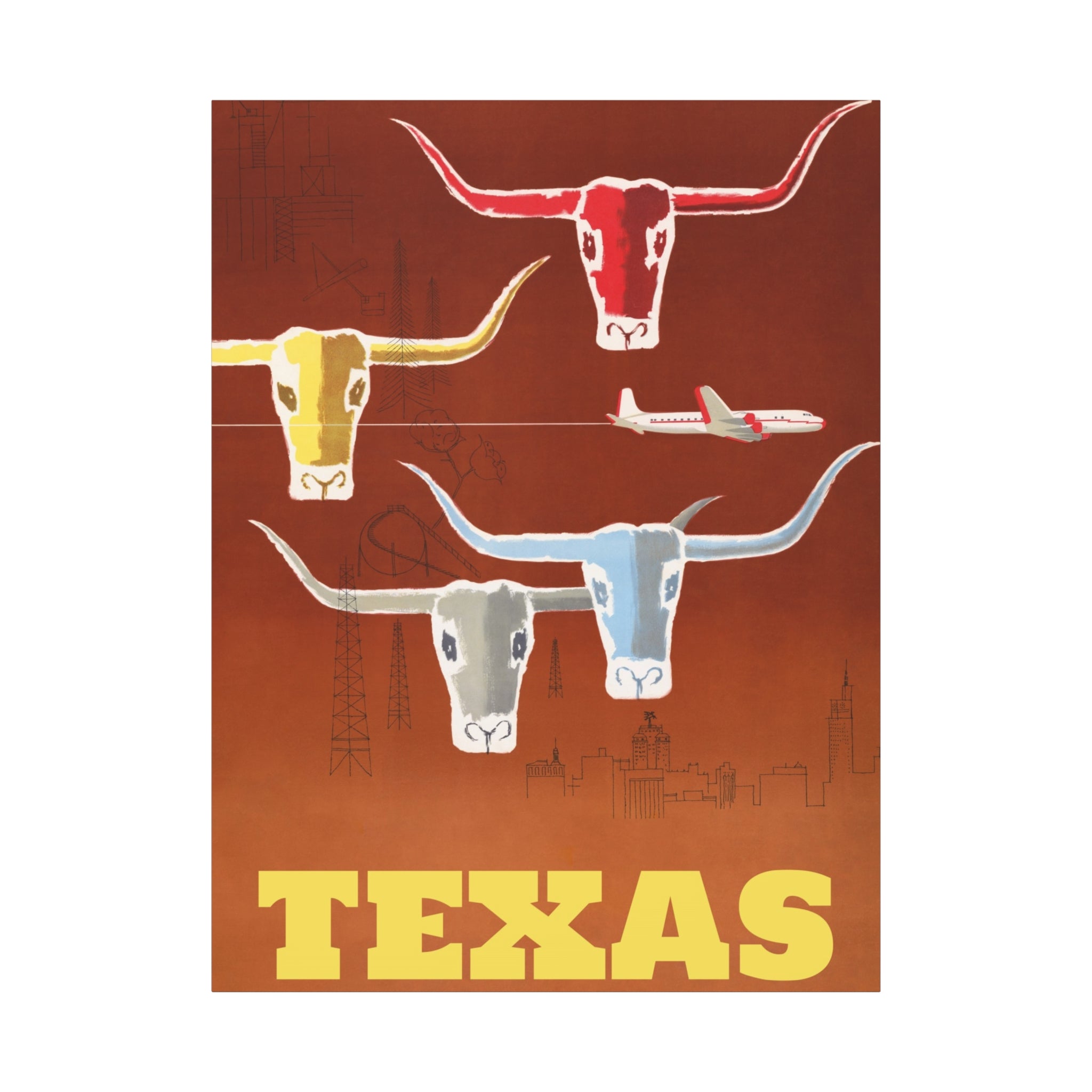 canvas-print-texas-travel-wall-art-texas-decor-longhorn-skull-matte-stretched-artwork-texas-gift-lone-star-state-souvenir