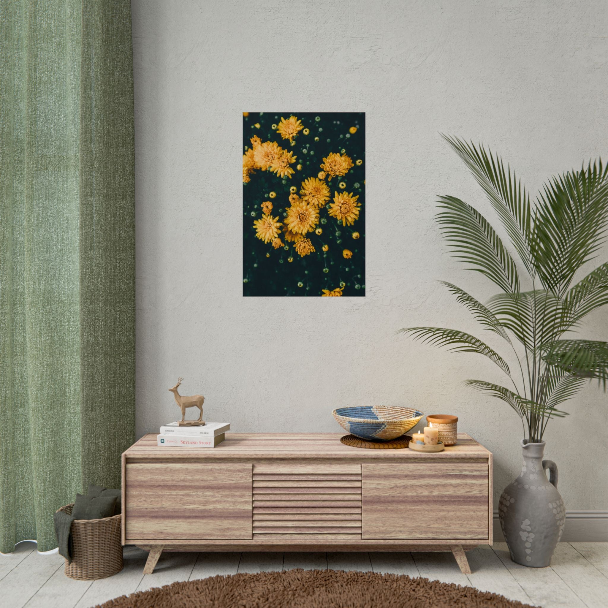 yellow-flower-art-poster-print-floral-wall-decor-floral-home-decor-gift-dark-botanical-art-print