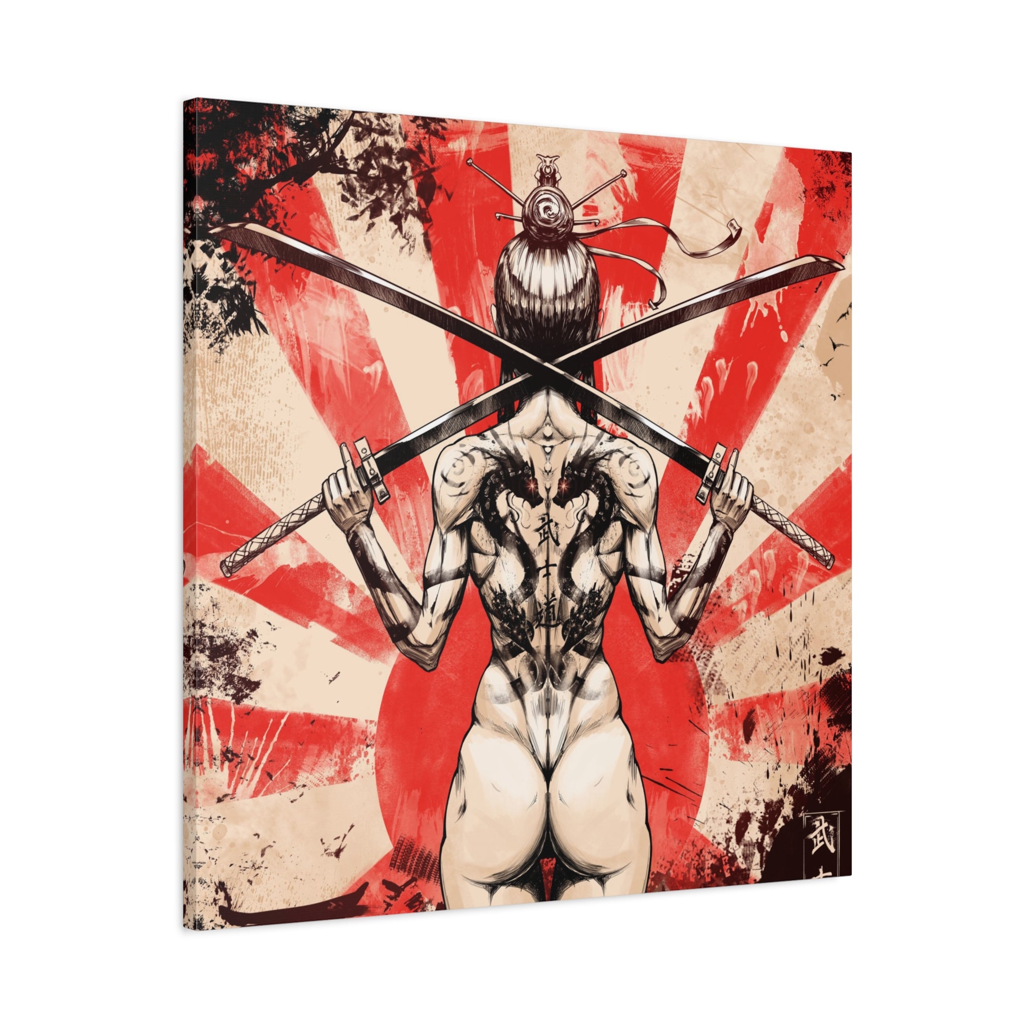 canvas-print-samurai-katana-dragon-tattoo-naked-woman-wall-decor-stretched-matte-japanese-art-asian-home-decoration-fantasy