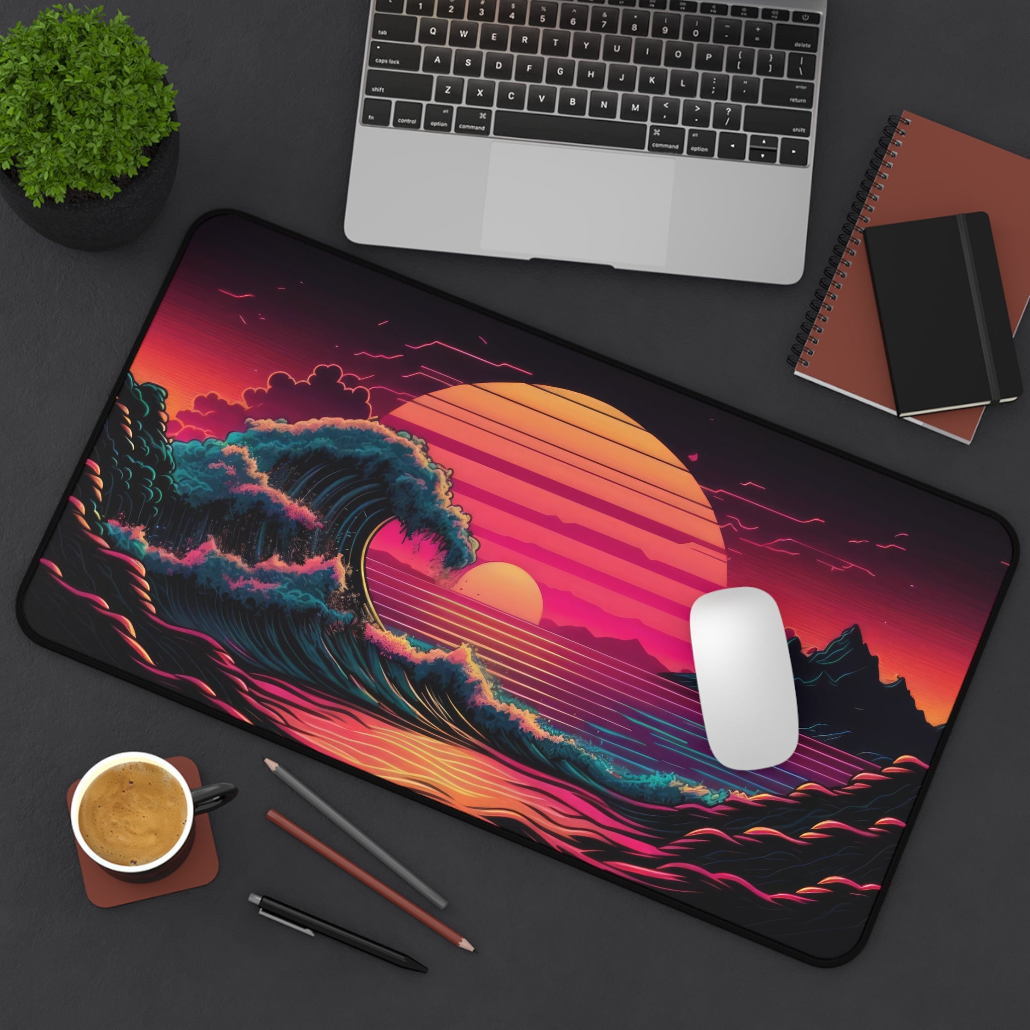 great-wave-off-kanagawa-vaporwave-moon-road-mouse-pad-retrowave-city-delorean-desk-mat-neon-synthwave-desk-pad