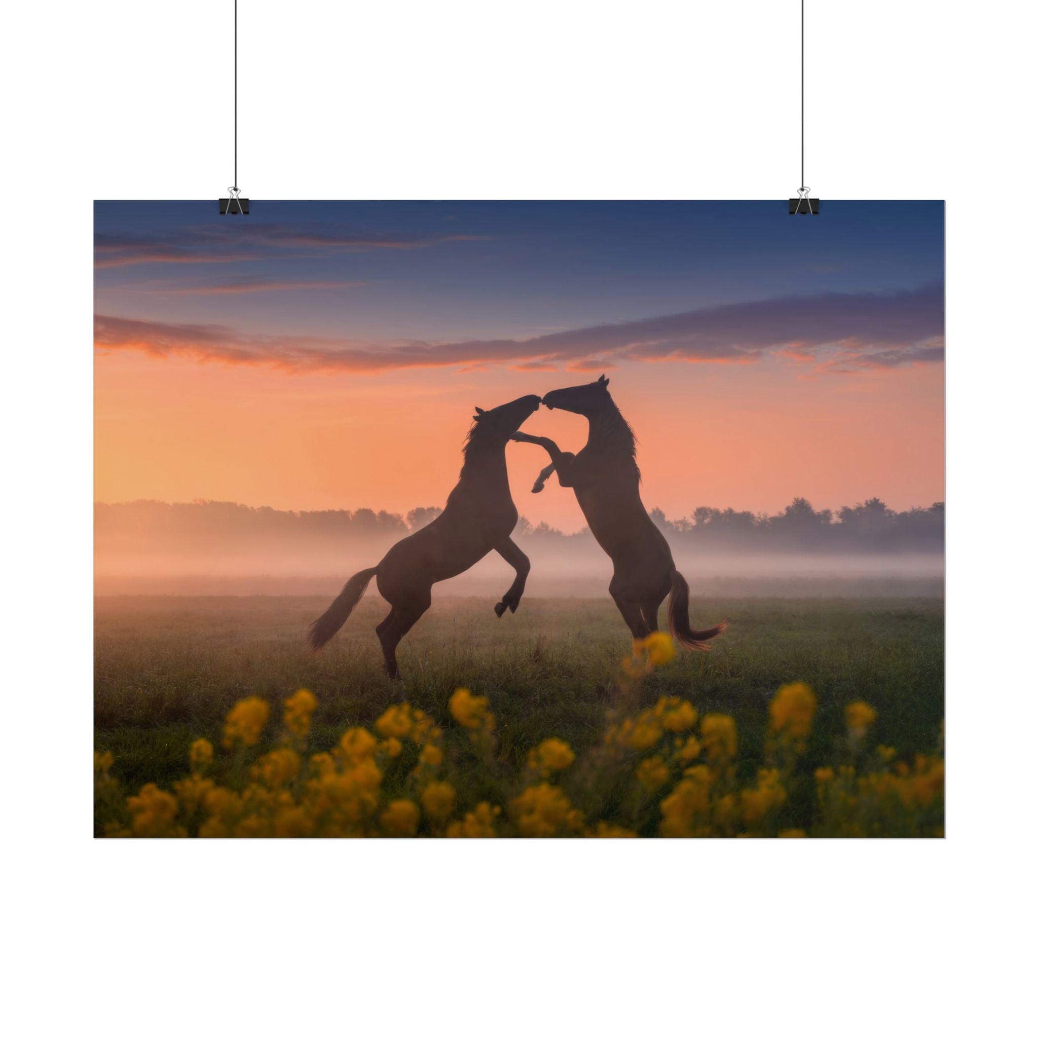 Wild Rising Horses Poster Print, Field of Flowers Decor, Home Decor, Farmhouse Wall Decor, Nature Wall Art, Horse Canvas Print, Mustang