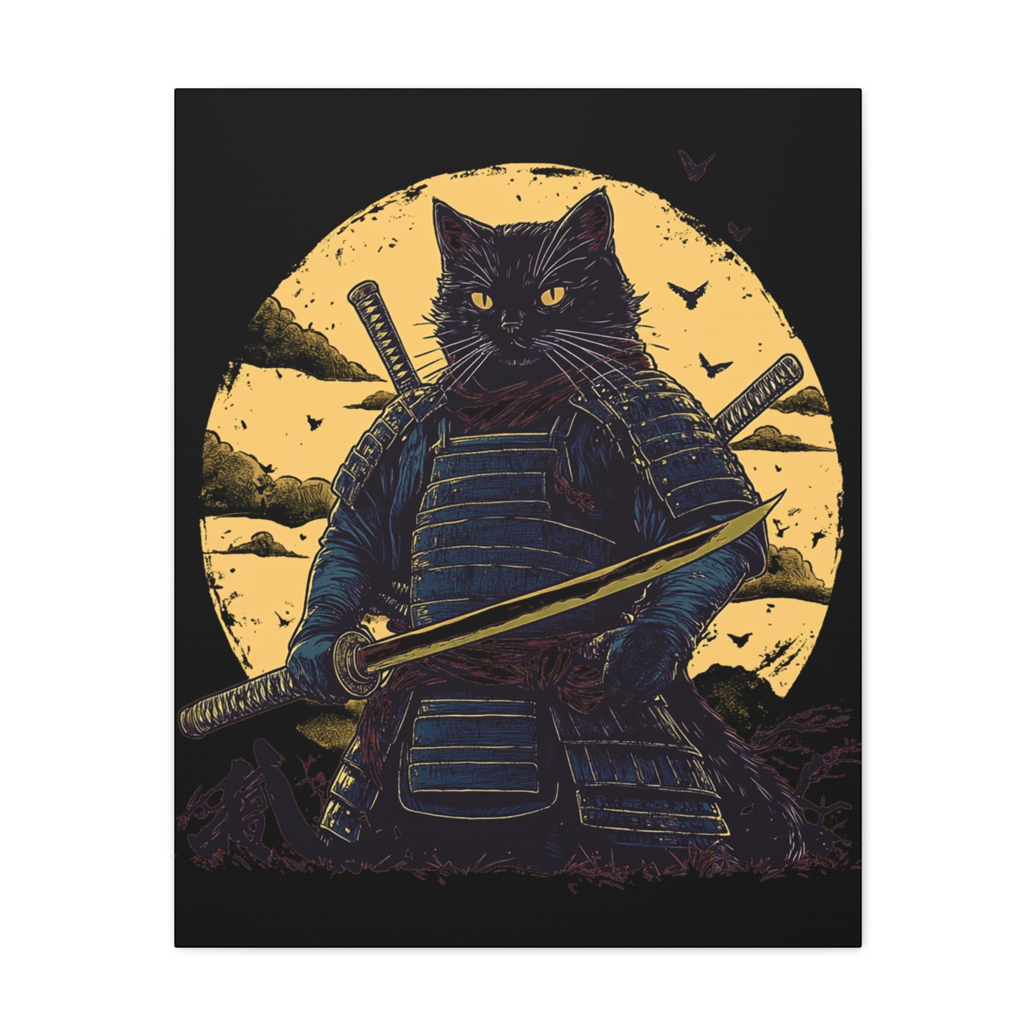 canvas-wall-art-samurai-cat-japanese-style-sunset-retro-wall-decor-stretched-matte-canvas-wall-hanging-home-decor-retro-wall-