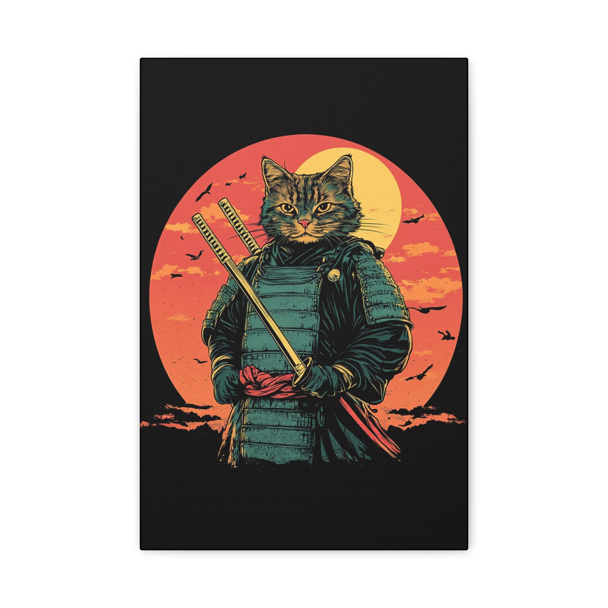 canvas-wall-art-samurai-cat-japanese-style-sunset-retro-wall-decor-stretched-matte-canvas-wall-hanging-home-decor-retro-wall-