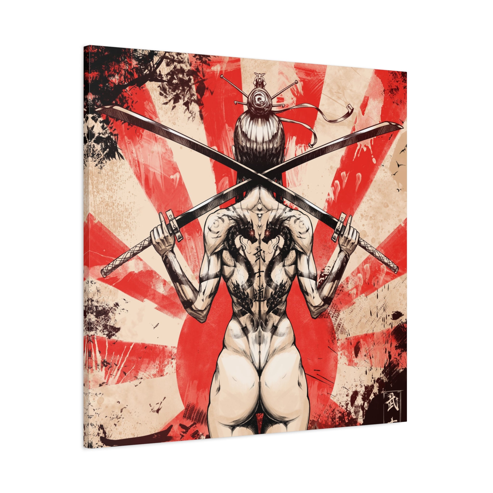 canvas-print-samurai-katana-dragon-tattoo-naked-woman-wall-decor-stretched-matte-japanese-art-asian-home-decoration-fantasy