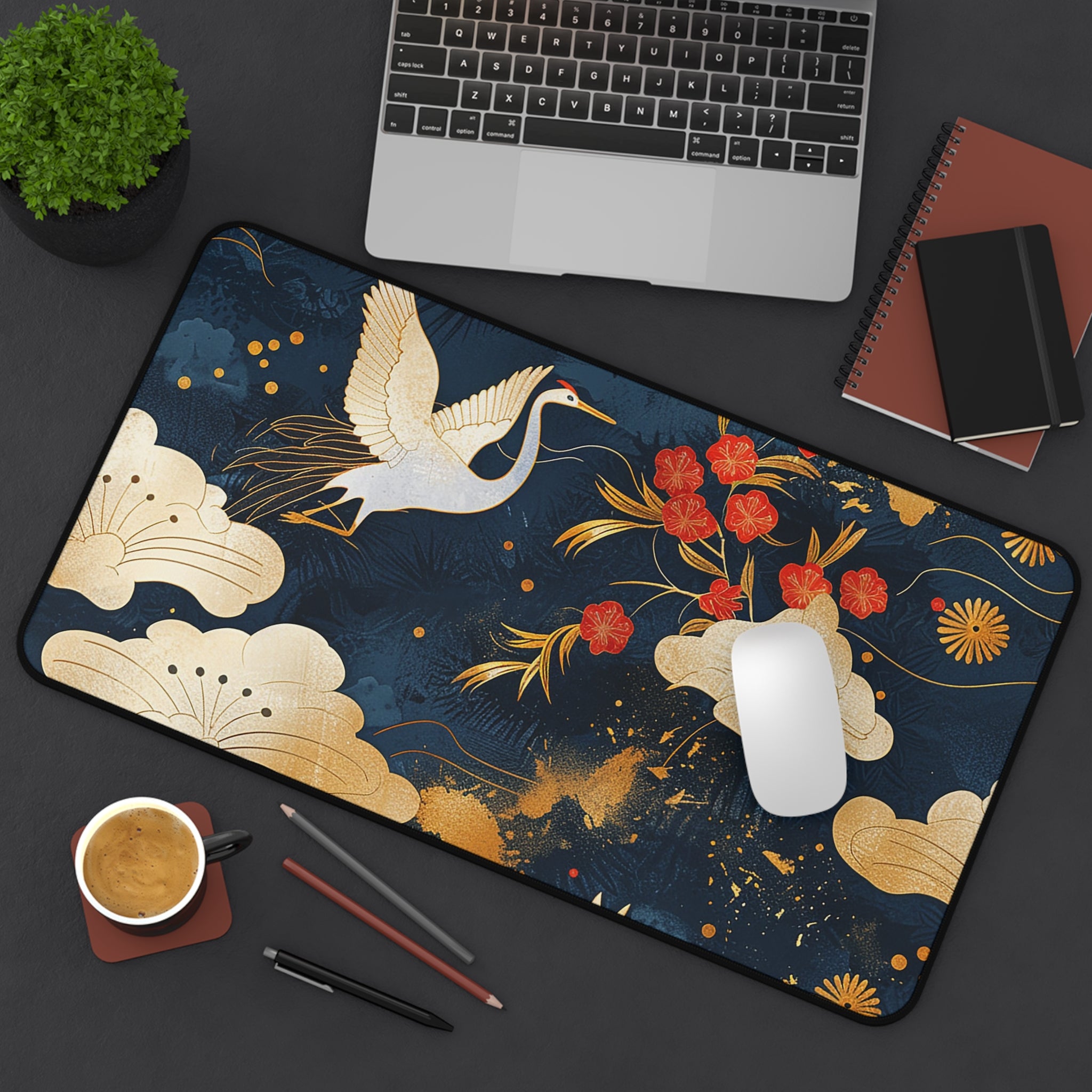 japanese-cranes-art-desk-mat-mousepad-navy-blue-desk-pad-for-home-office-asian-crane-design-gift-for-bird-lovers-office-decor