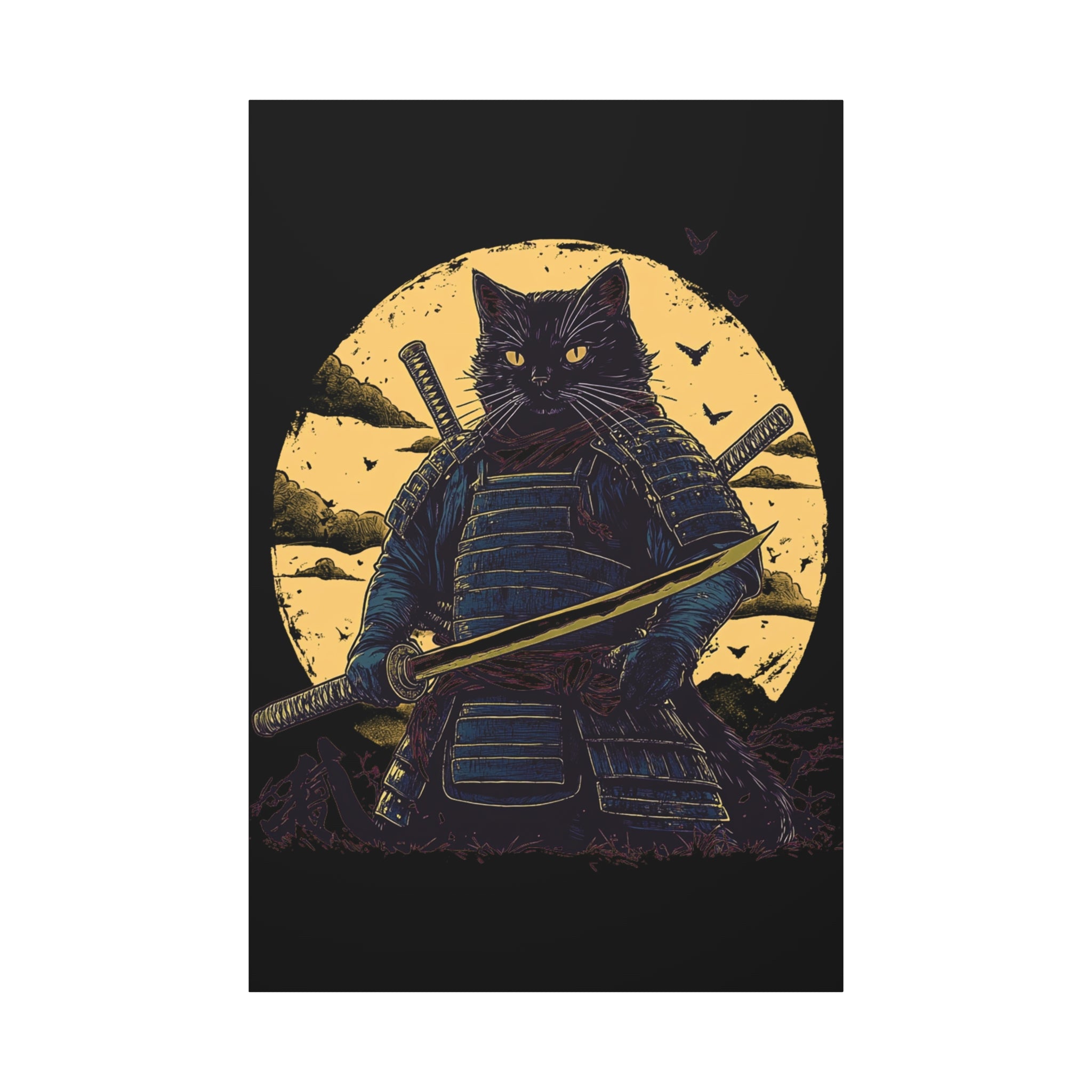 canvas-wall-art-samurai-cat-japanese-style-sunset-retro-wall-decor-stretched-matte-canvas-wall-hanging-home-decor-retro-wall-