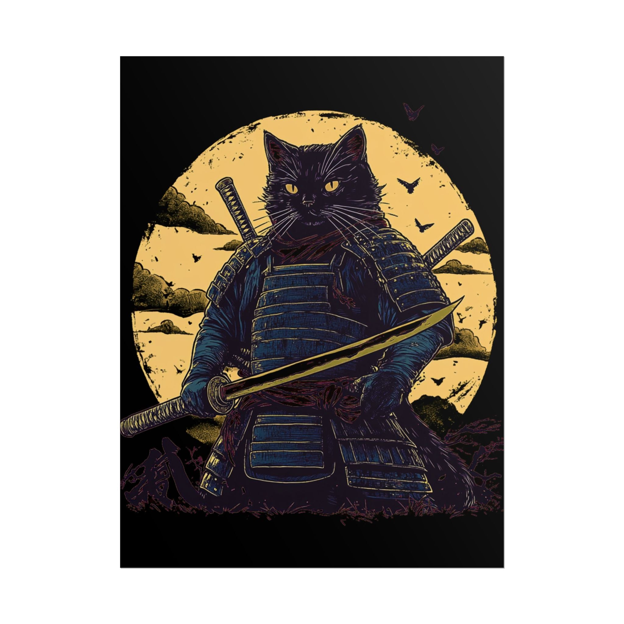 retro-wall-art-samurai-cat-japanese-style-sunset-rolled-posters-home-decor-wall-hanging-poster-gift-japanese-art-poster