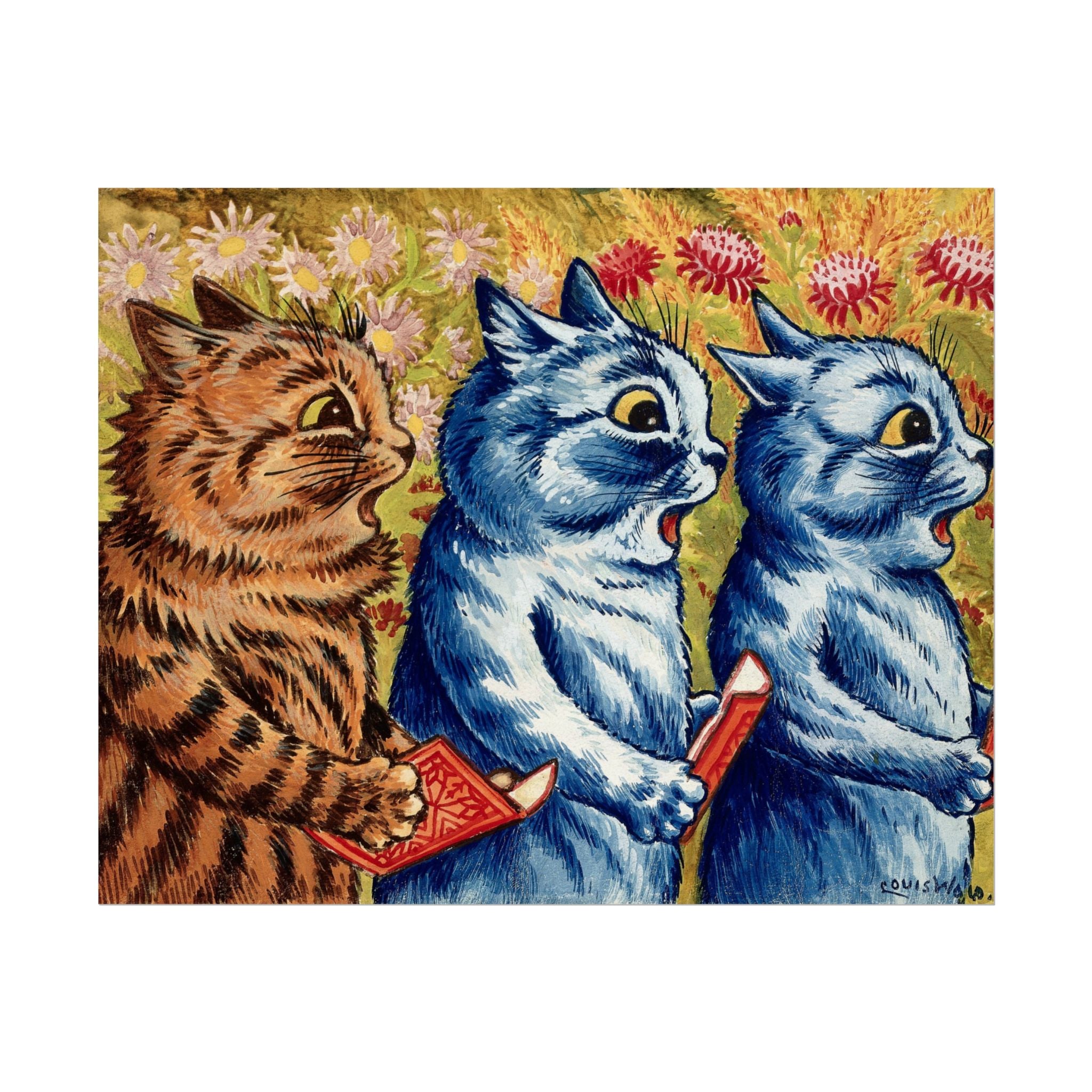 louis-wain-cat-poster-print-gouache-art-three-cats-singing-wall-decor-cat-print-home-office-decoration-unique-cat-louis-wain-