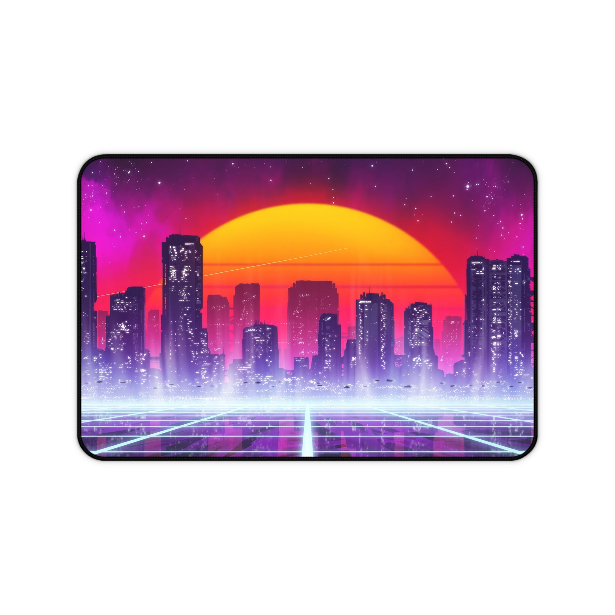 sci-fi-city-vaporwave-mouse-pad-retrowave-city-delorean-desk-mat-neon-synthwave-desk-pad-vaporwave-sun