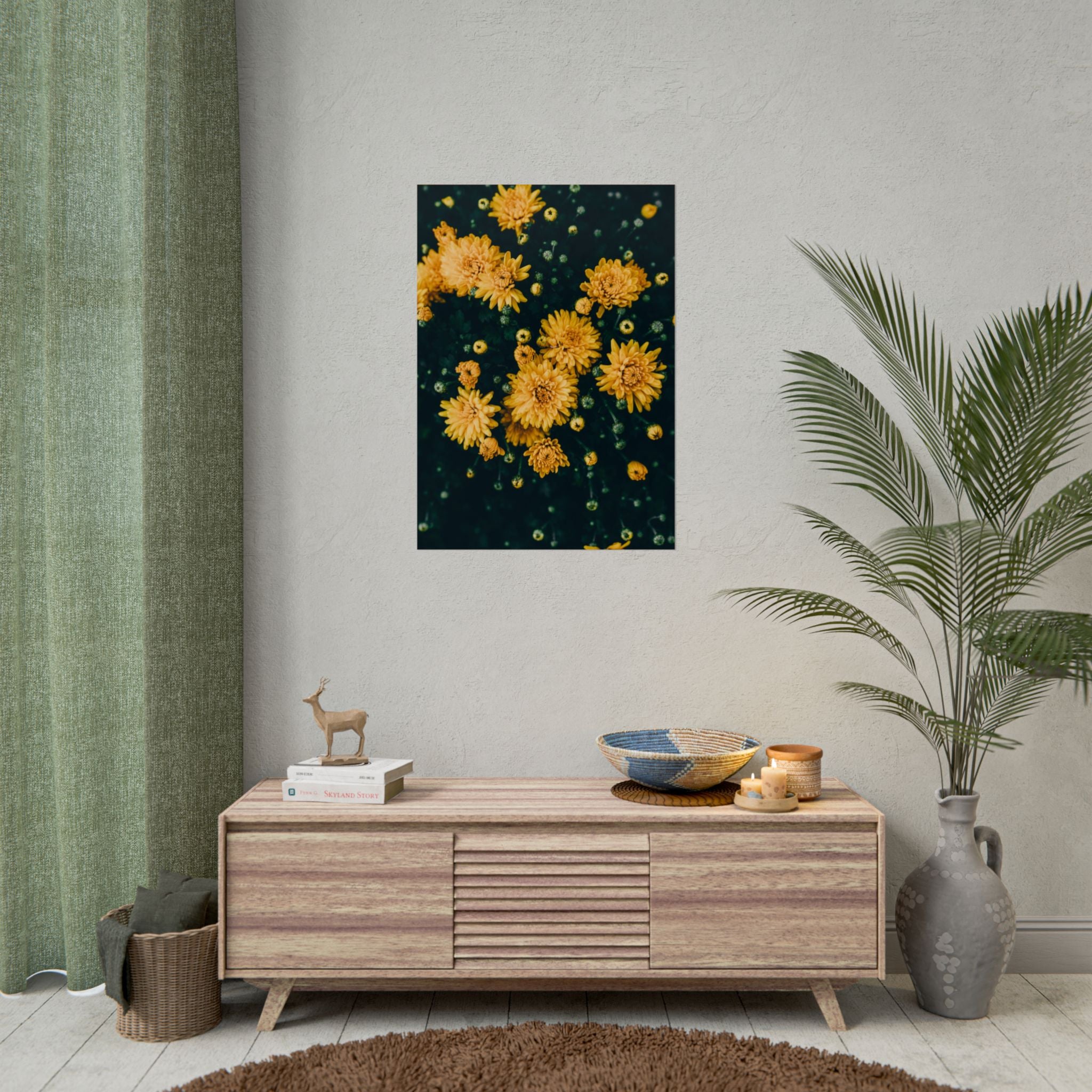 yellow-flower-art-poster-print-floral-wall-decor-floral-home-decor-gift-dark-botanical-art-print