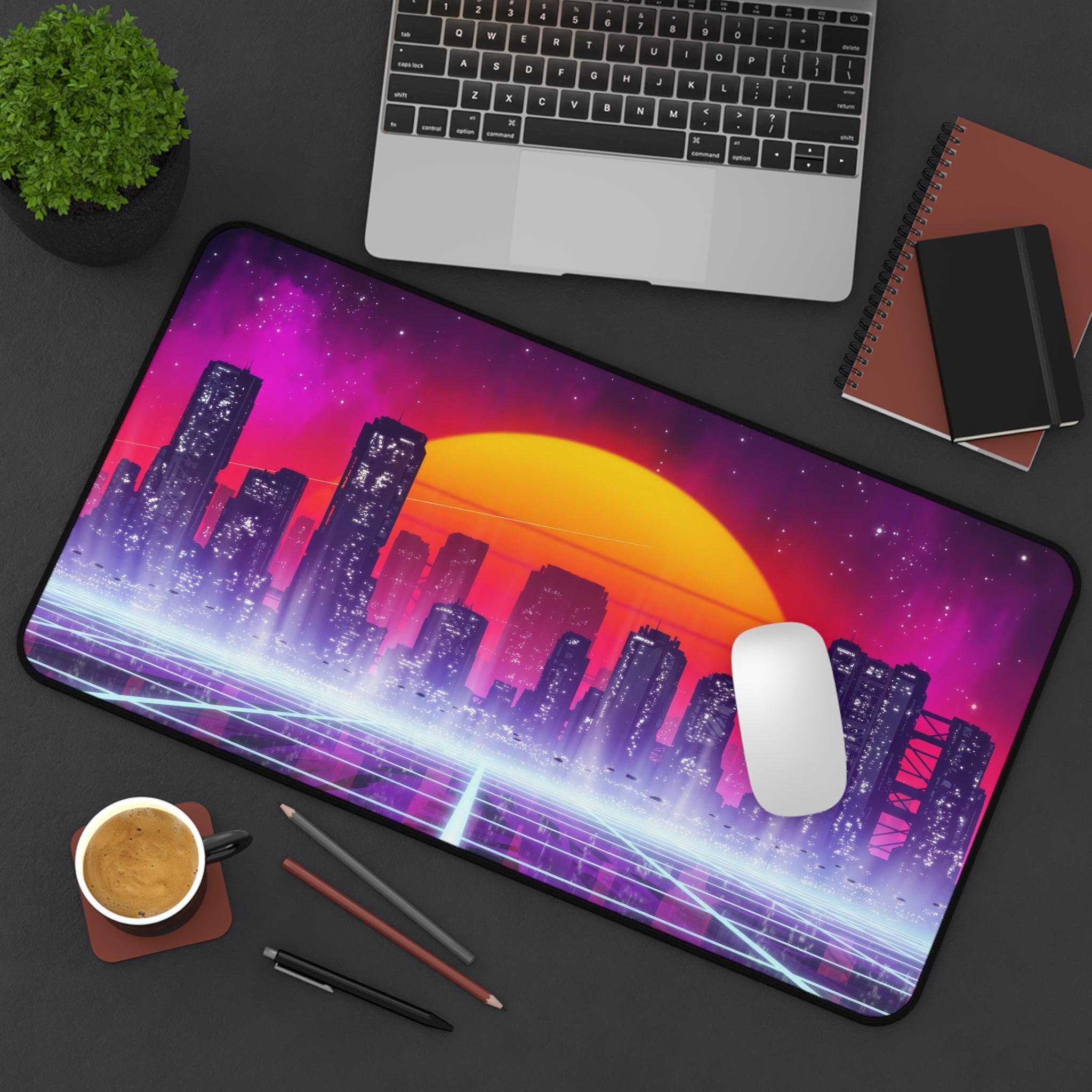 sci-fi-city-vaporwave-mouse-pad-retrowave-city-delorean-desk-mat-neon-synthwave-desk-pad-vaporwave-sun