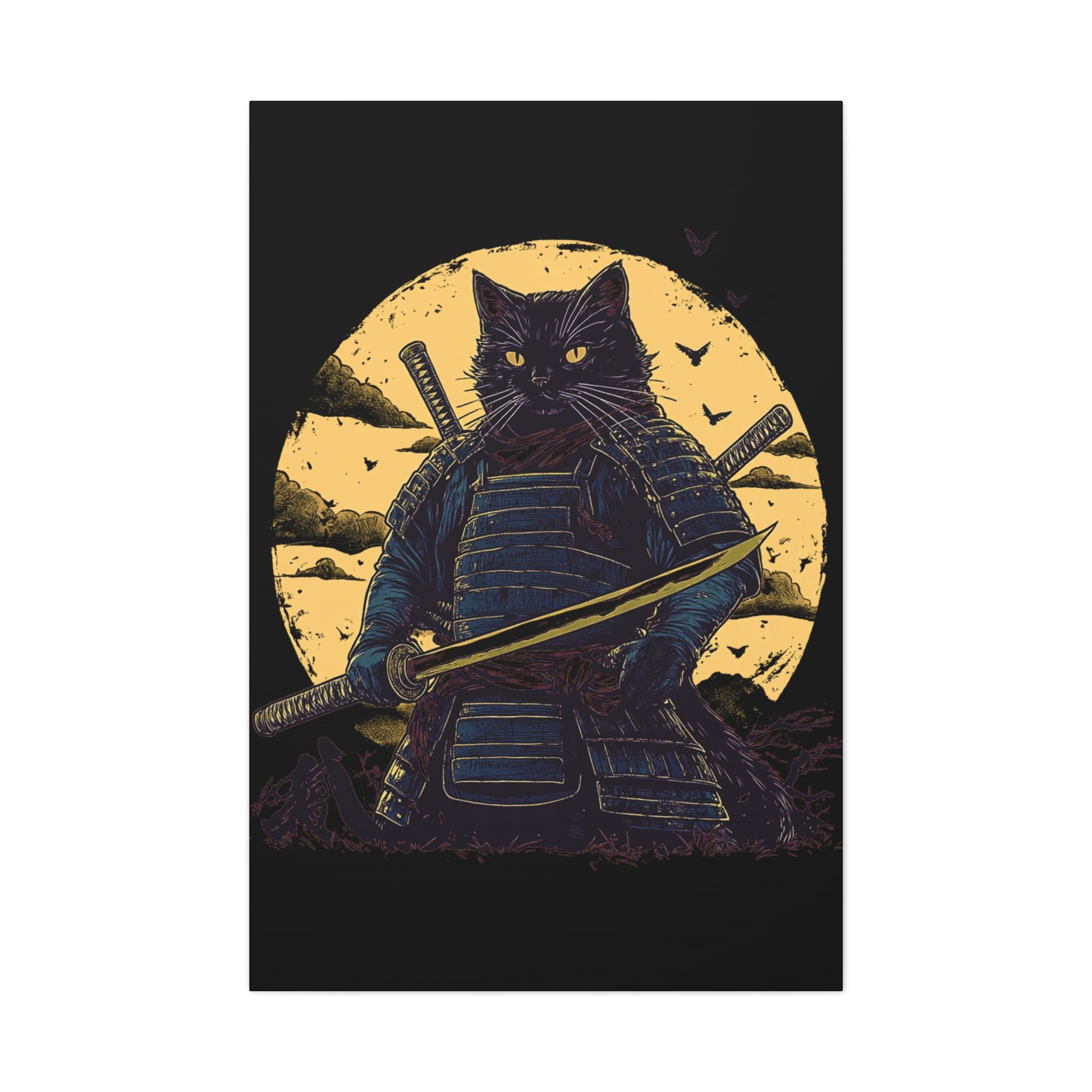canvas-wall-art-samurai-cat-japanese-style-sunset-retro-wall-decor-stretched-matte-canvas-wall-hanging-home-decor-retro-wall-