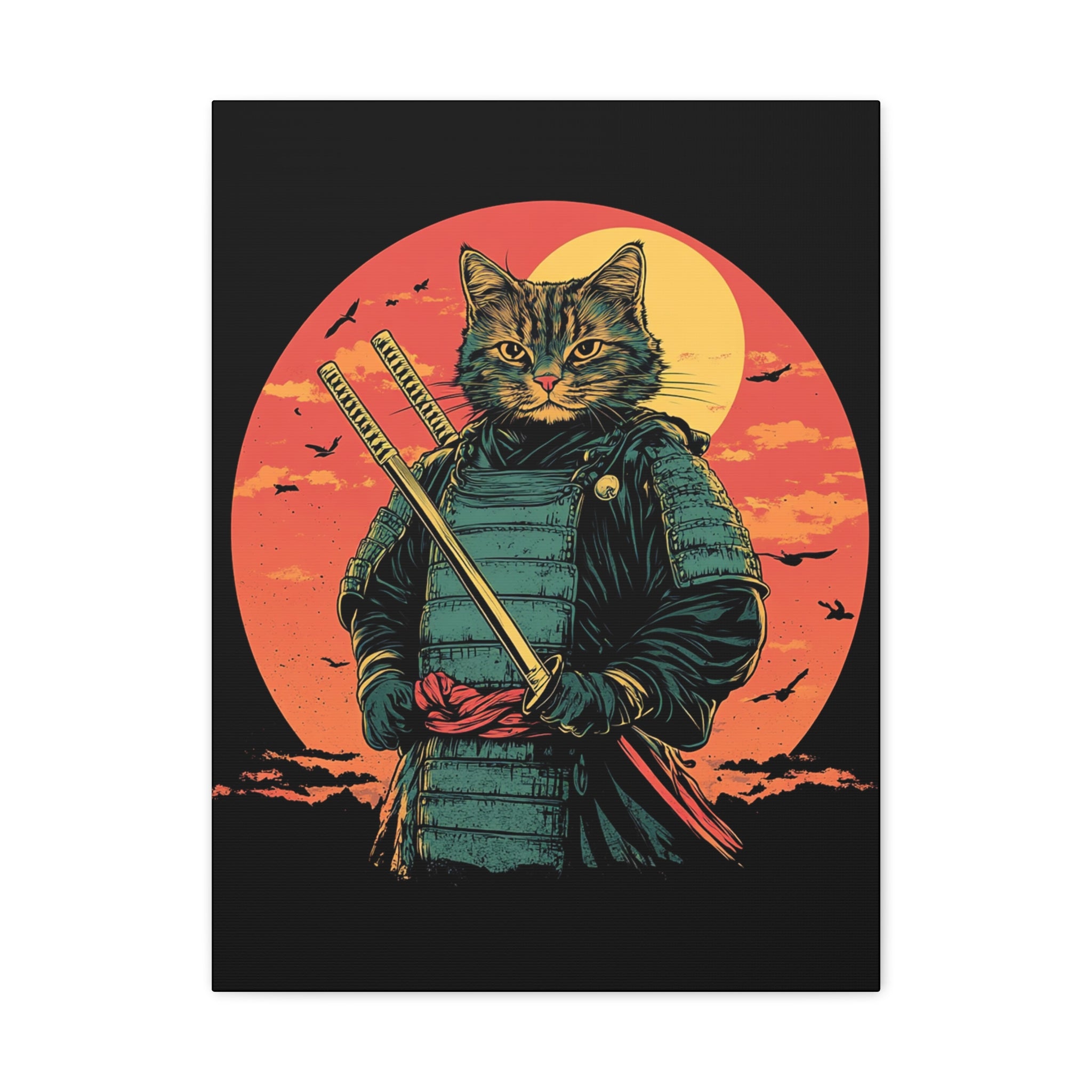 canvas-wall-art-samurai-cat-japanese-style-sunset-retro-wall-decor-stretched-matte-canvas-wall-hanging-home-decor-retro-wall-