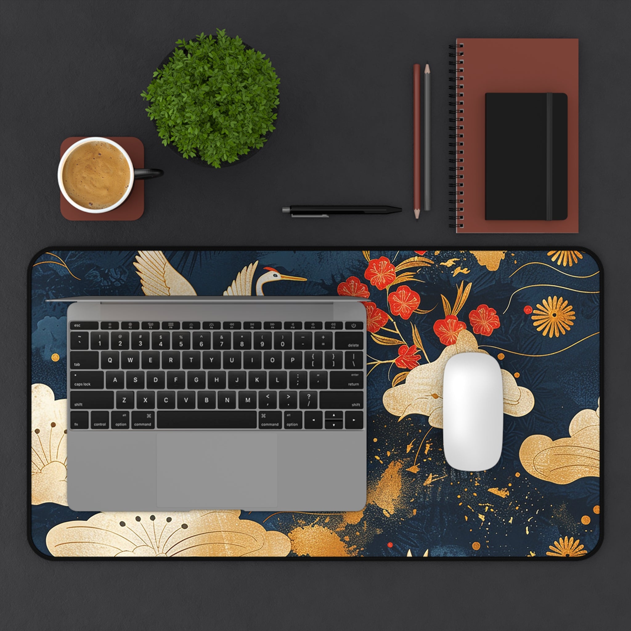 japanese-cranes-art-desk-mat-mousepad-navy-blue-desk-pad-for-home-office-asian-crane-design-gift-for-bird-lovers-office-decor