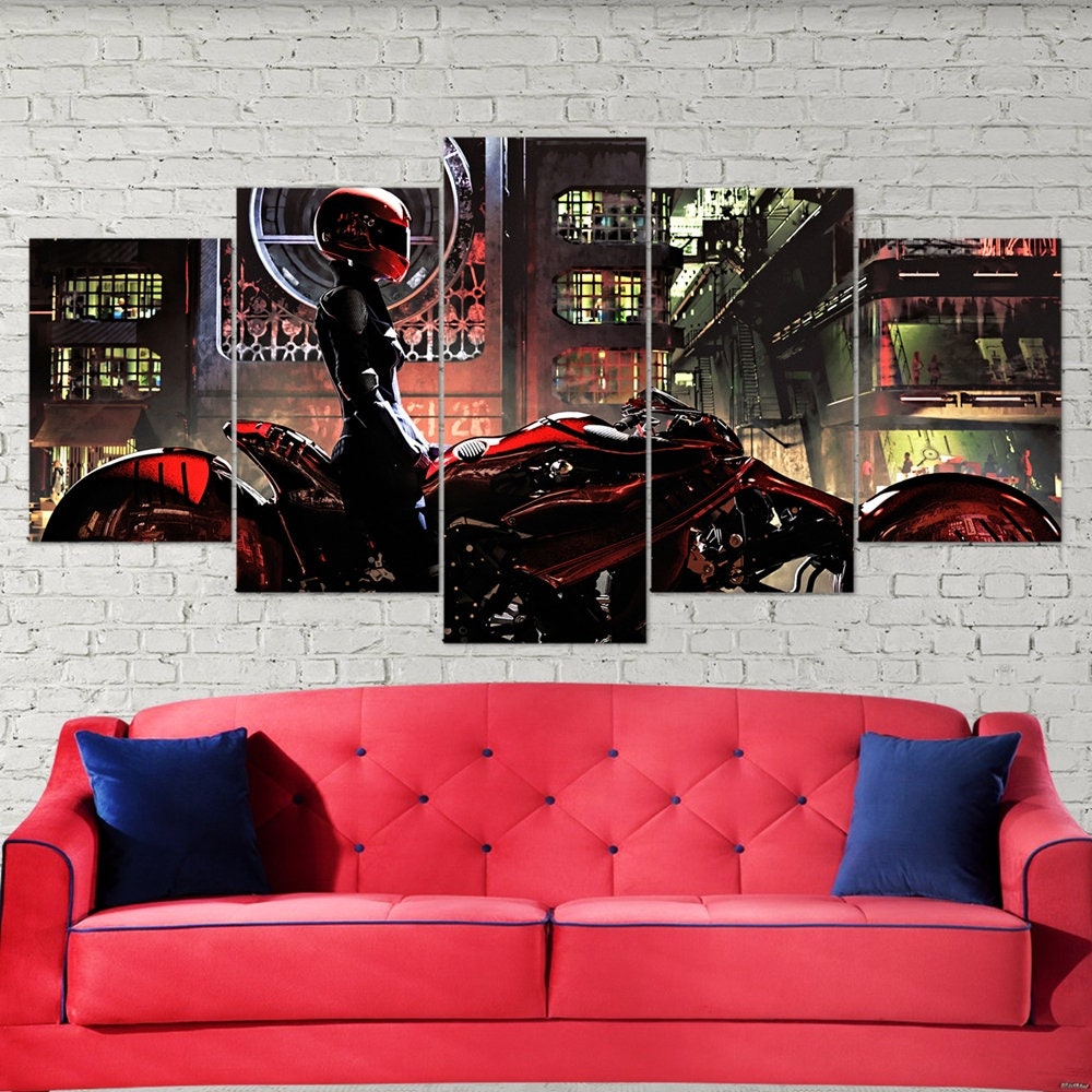 cyberpunk-girl-motorcyle-biker-sci-fi-5-piece-canvas-wall-art-neon-art-cyberpunk-decor-art-extra-large-wall-art-cyberpunk-pos