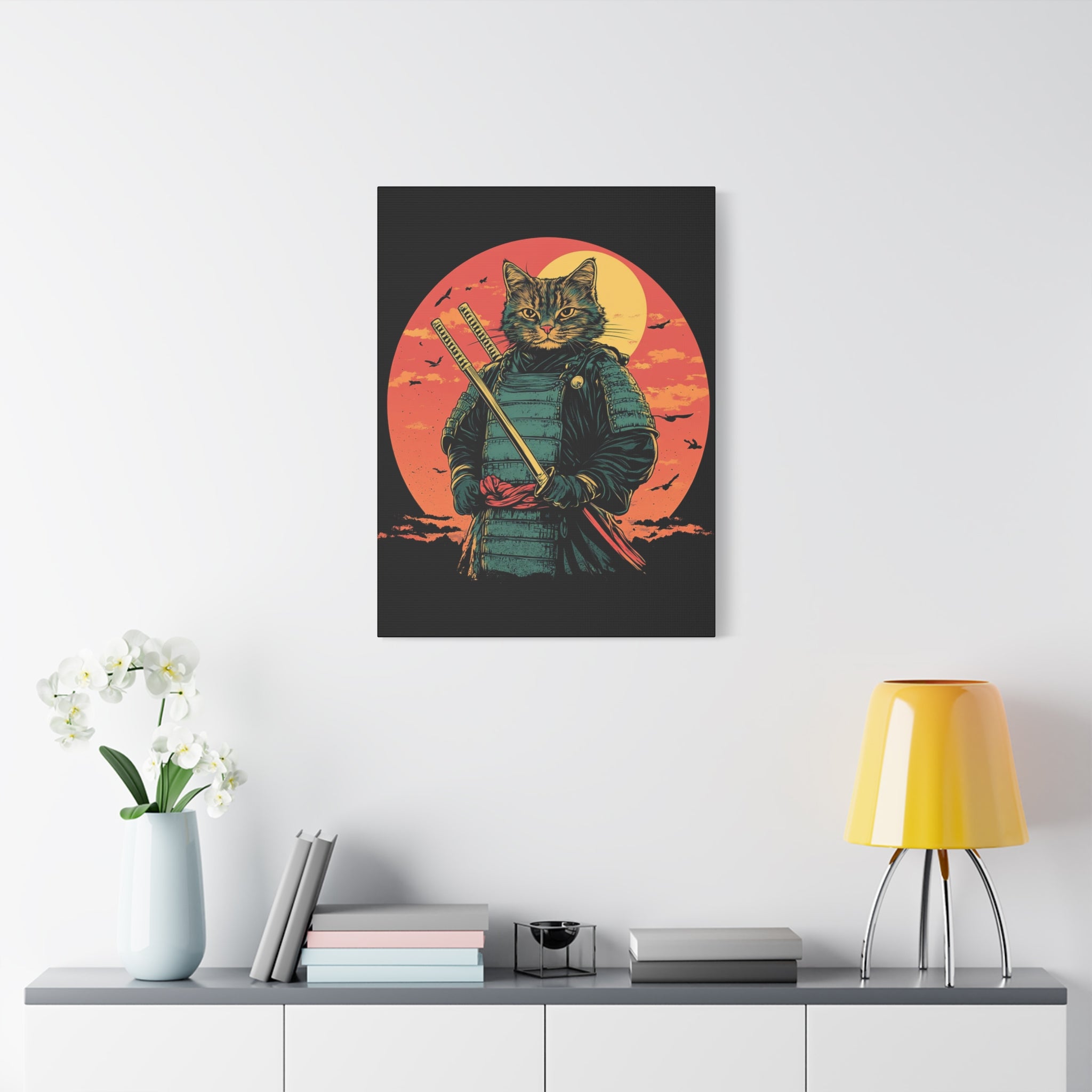 canvas-wall-art-samurai-cat-japanese-style-sunset-retro-wall-decor-stretched-matte-canvas-wall-hanging-home-decor-retro-wall-