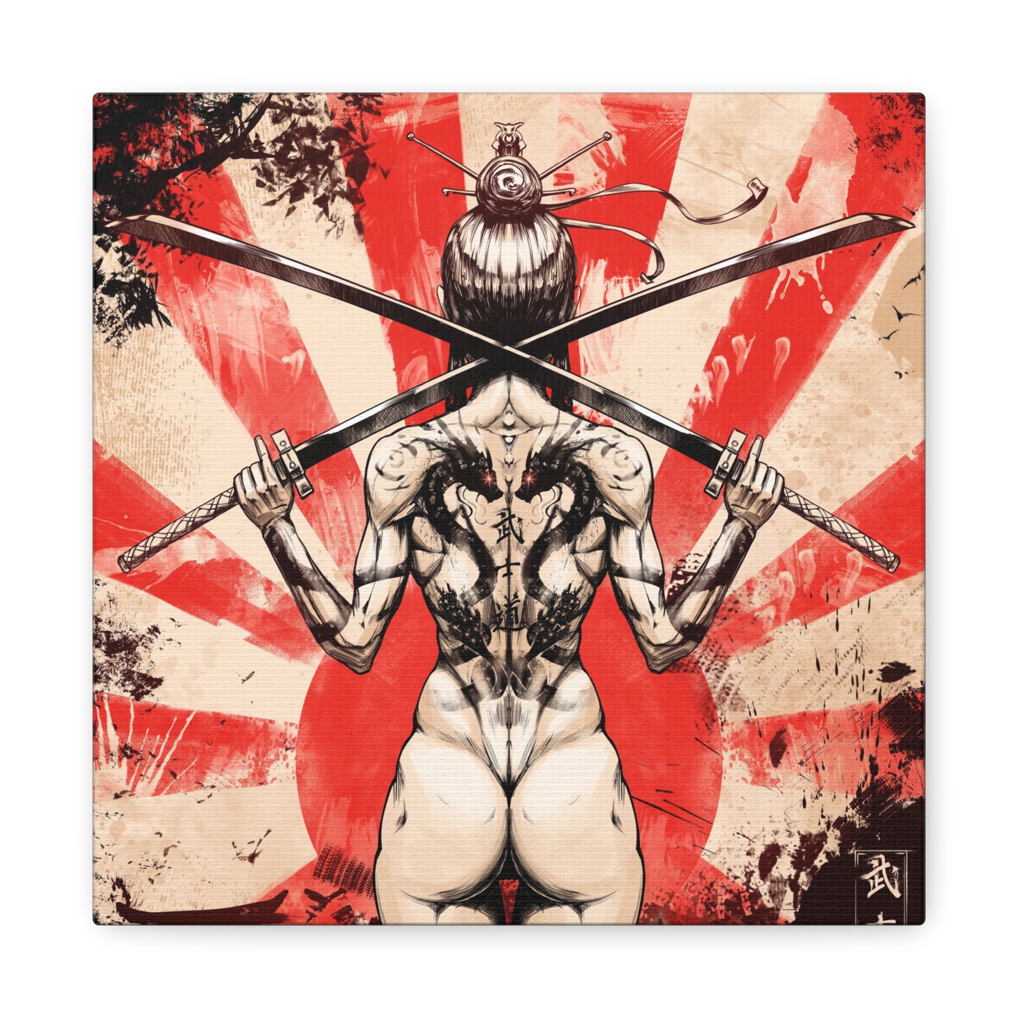 canvas-print-samurai-katana-dragon-tattoo-naked-woman-wall-decor-stretched-matte-japanese-art-asian-home-decoration-fantasy