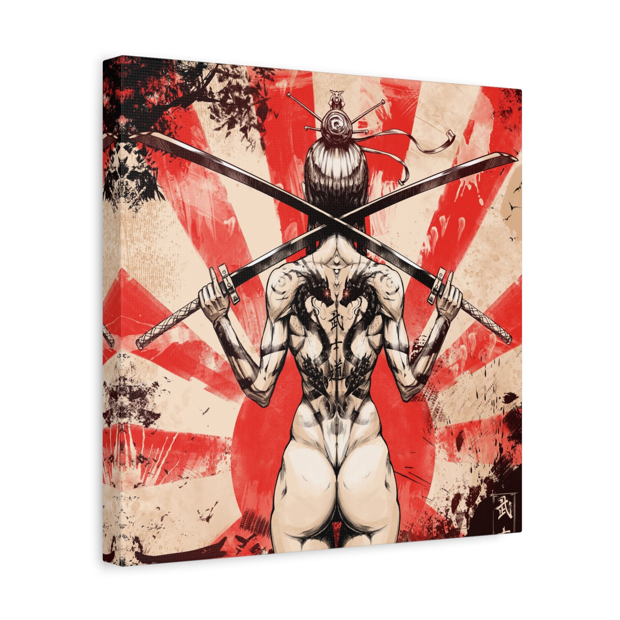 canvas-print-samurai-katana-dragon-tattoo-naked-woman-wall-decor-stretched-matte-japanese-art-asian-home-decoration-fantasy