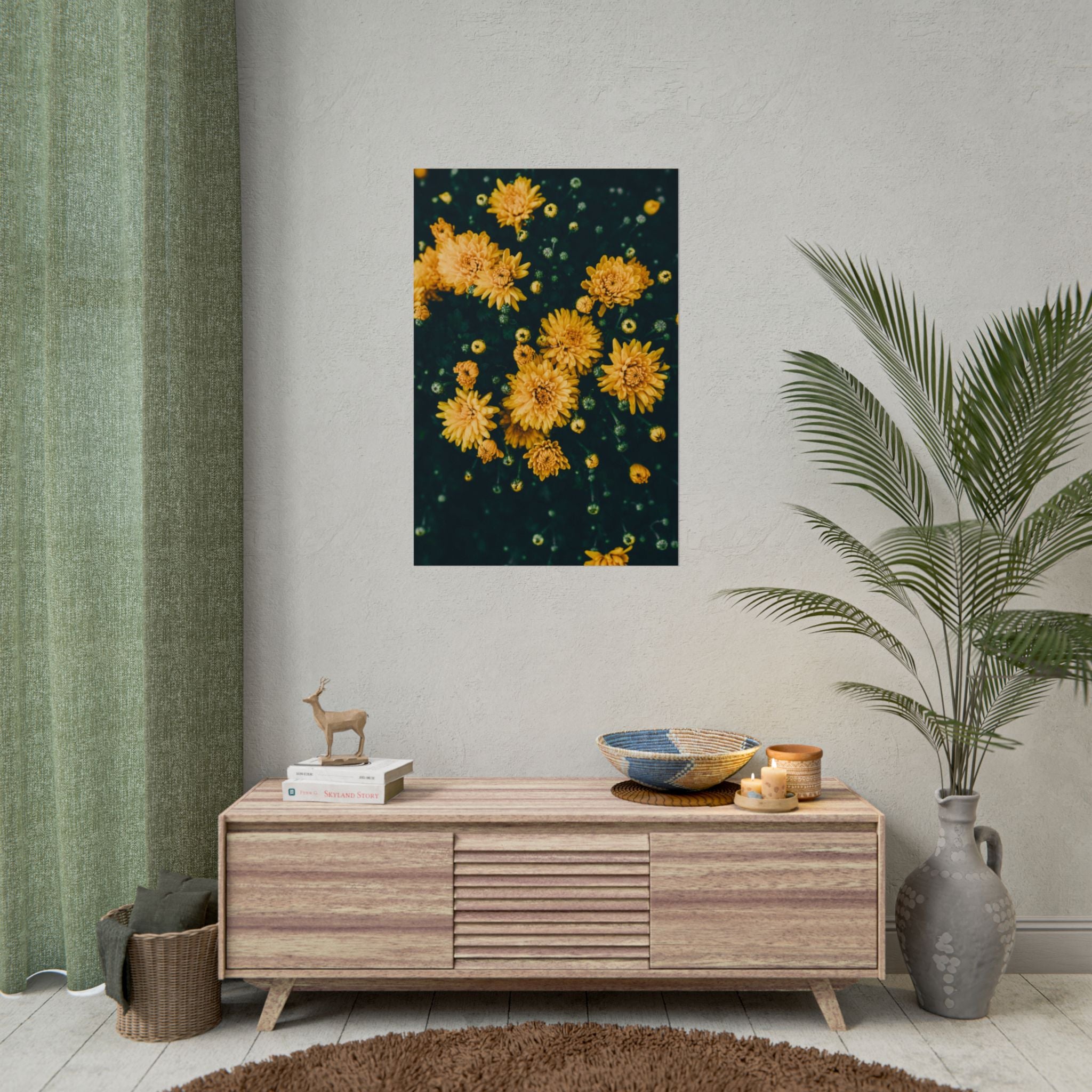 yellow-flower-art-poster-print-floral-wall-decor-floral-home-decor-gift-dark-botanical-art-print