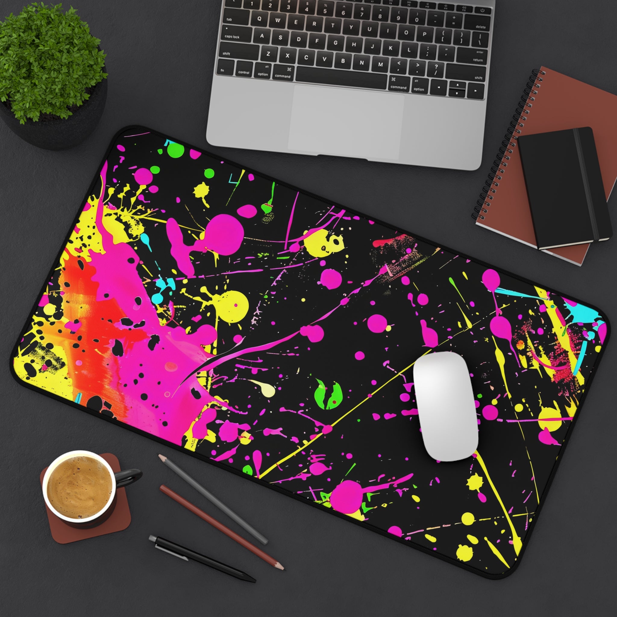 neon-abstract-paint-splatter-desk-mat-yellow-pink-large-gaming-mouse-pad-colorful-work-from-home-desk-accessory-desk-blotter