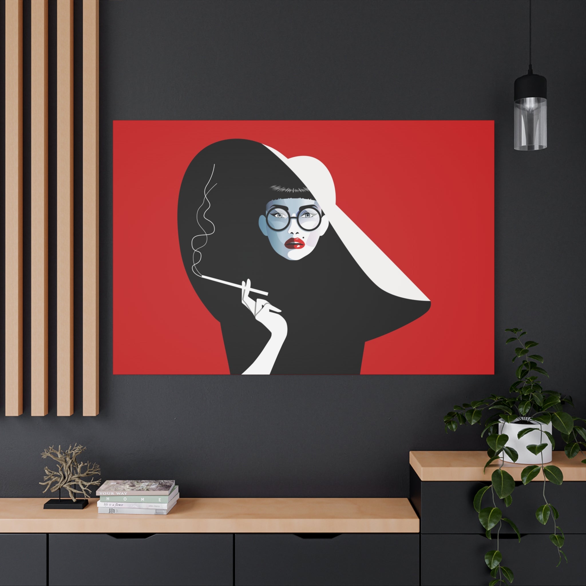 canvas-print-woman-smoking-cigarettes-wall-decor-woman-with-a-hat-style-stretched-matte-canvas-home-decor-living-room