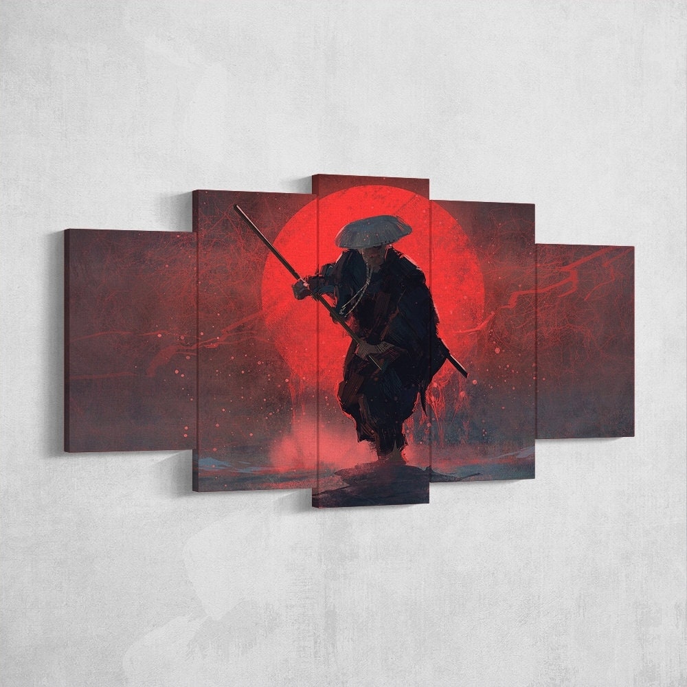 samurai-samurai-warrior-fantasy-katana-5-piece-canvas-wall-art-samurai-art-extra-large-wall-art-samurai-poster-5-piece-5-pane