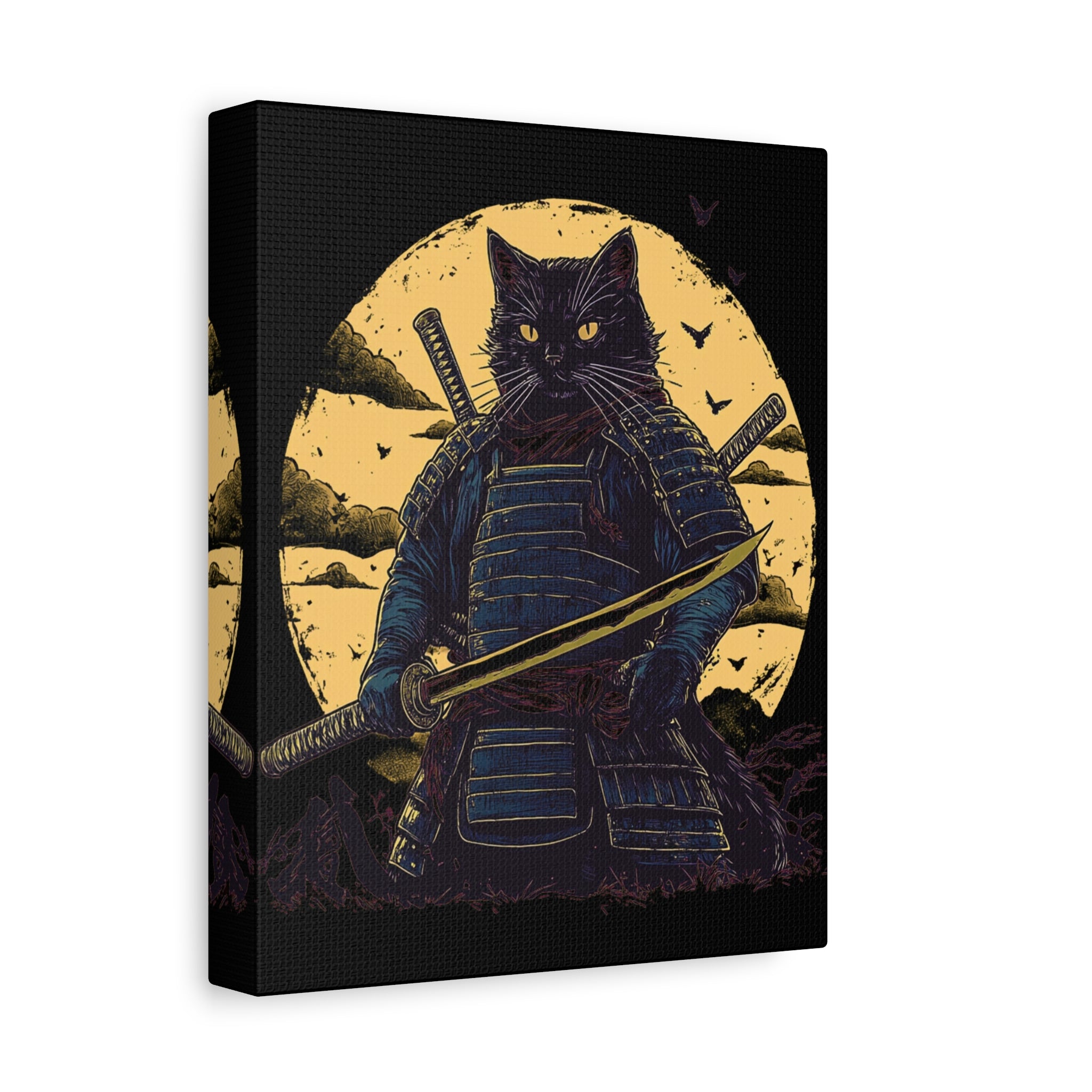 canvas-wall-art-samurai-cat-japanese-style-sunset-retro-wall-decor-stretched-matte-canvas-wall-hanging-home-decor-retro-wall-