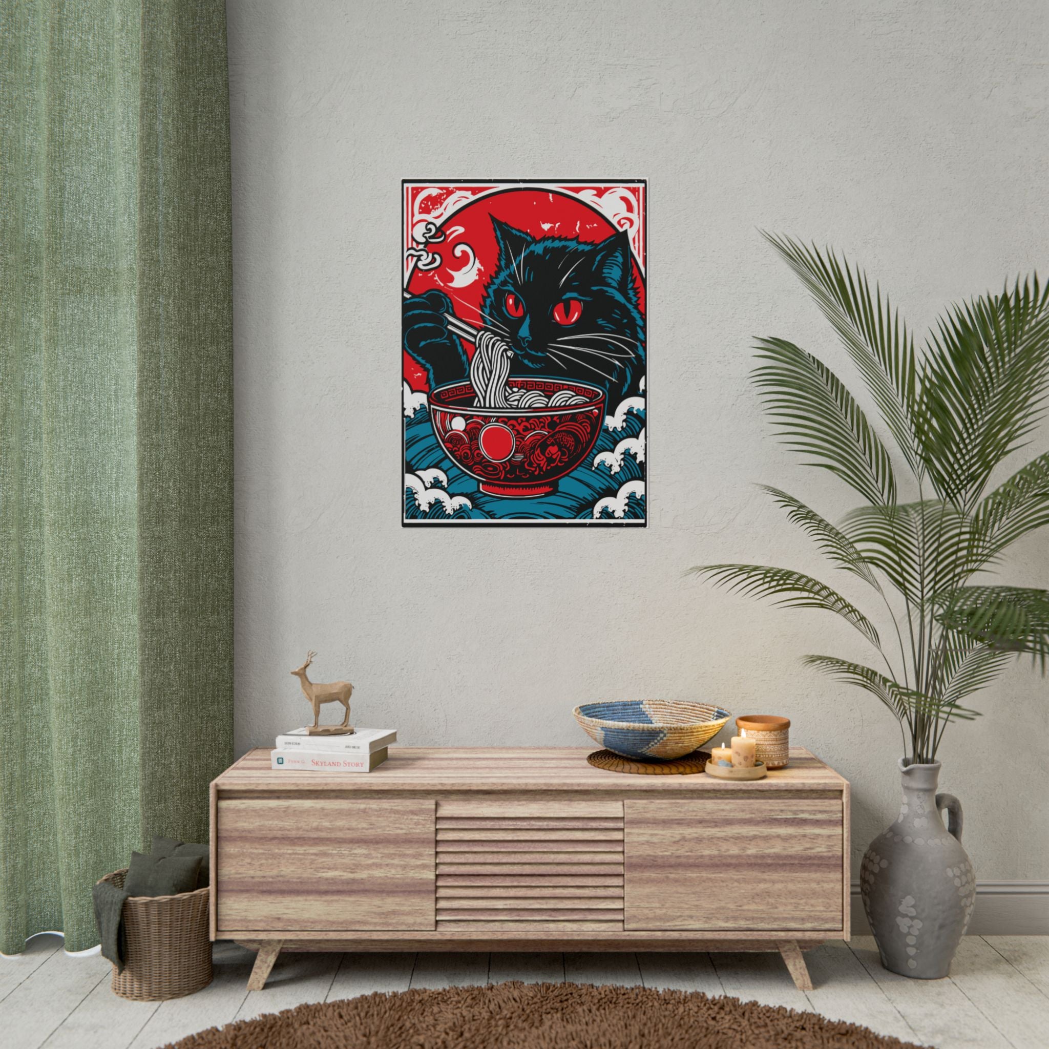 Cat Eating Ramen Noodle Poster Print, Retro Japanese Decor Wall Art, Living Room Decoration, Japandi Poster Art, Home Decor, Cute Cat