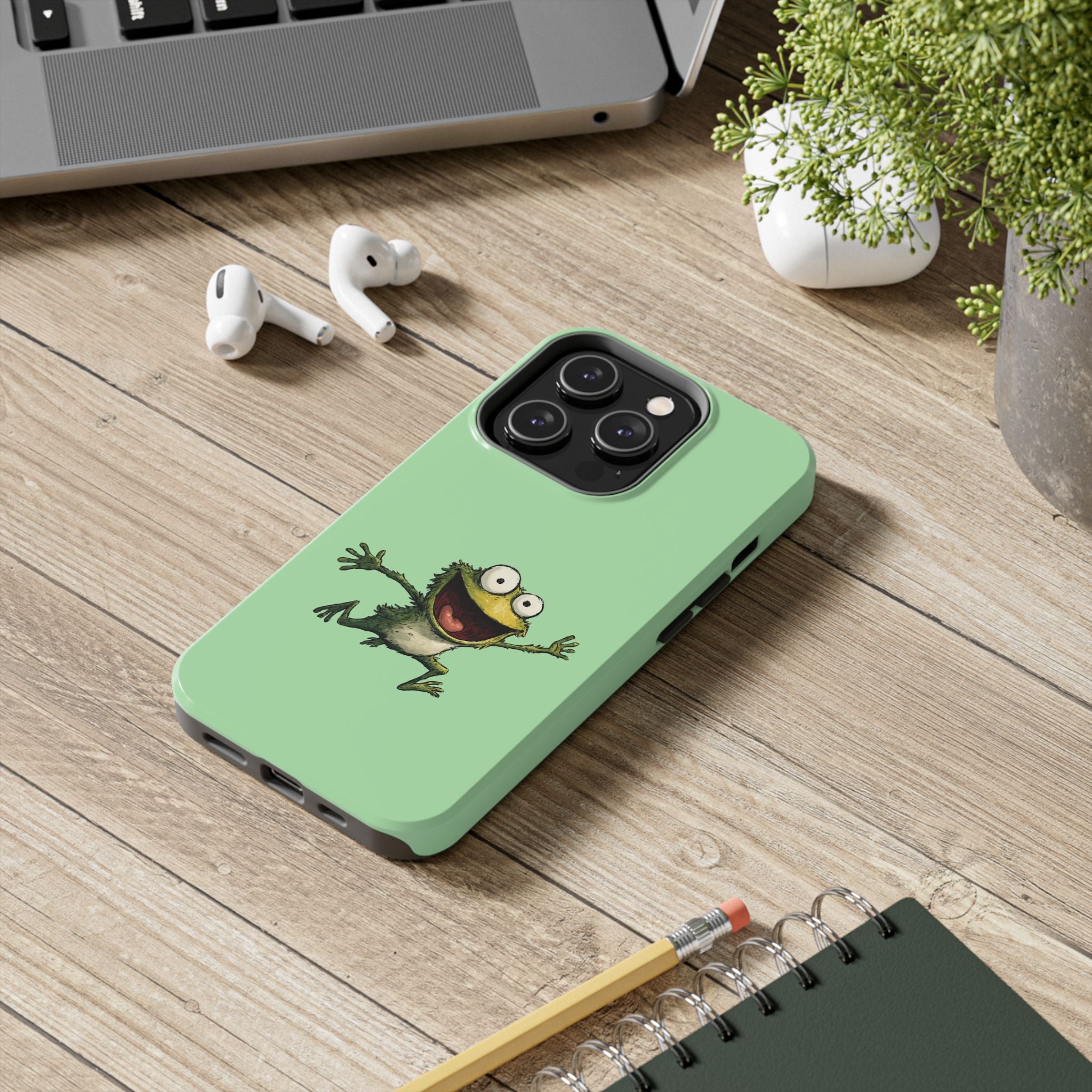Quirky Funny Frog iPhone Tough Case - Kawaii Animal Phone Cover - Frog Protective Phone Cover - Green iPhone Case