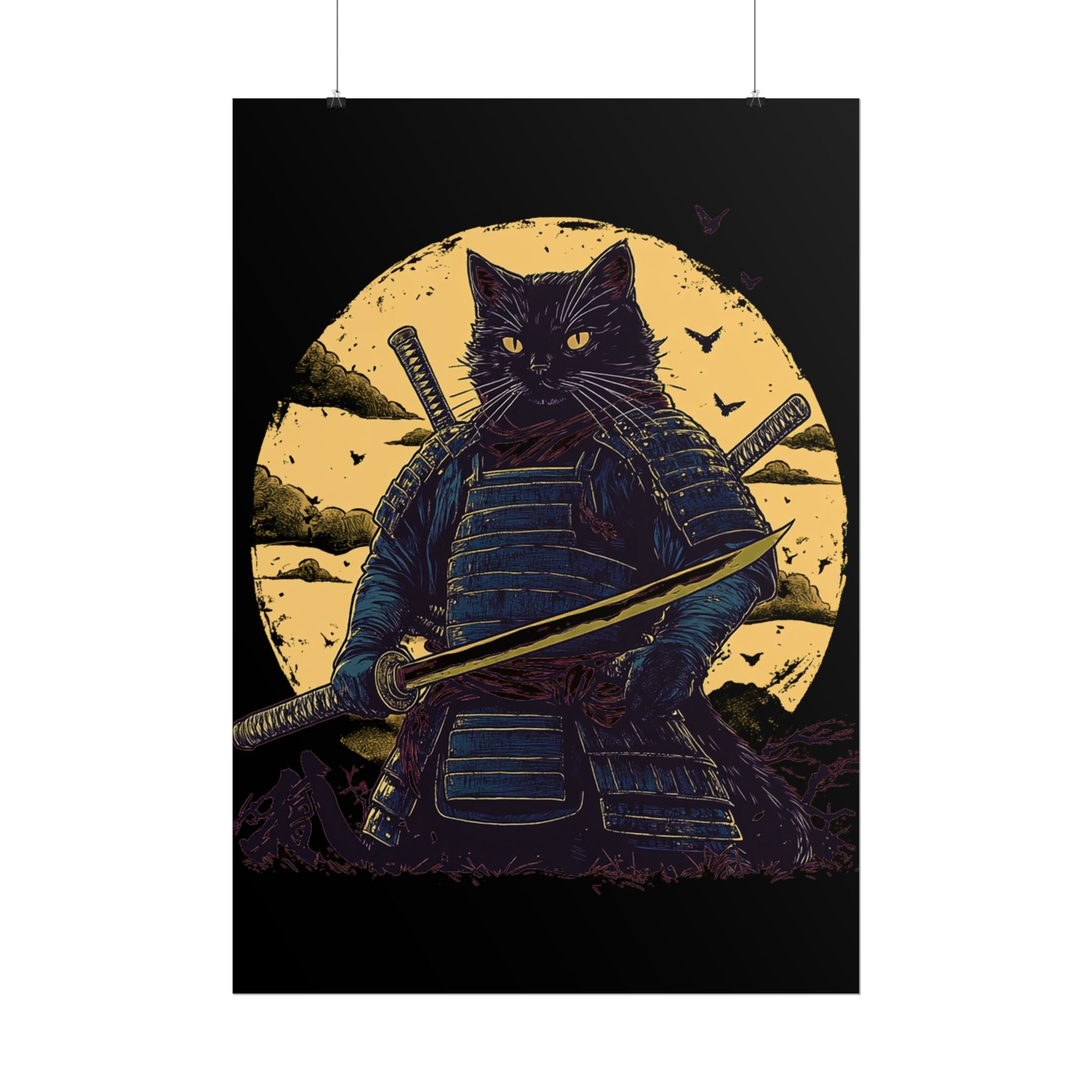 retro-wall-art-samurai-cat-japanese-style-sunset-rolled-posters-home-decor-wall-hanging-poster-gift-japanese-art-poster