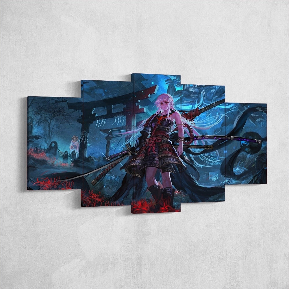 anime-samurai-girl-katana-5-piece-canvas-wall-art-samurai-art-canvas-art-extra-large-wall-art-anime-girl-poster-5-piece-5-pan