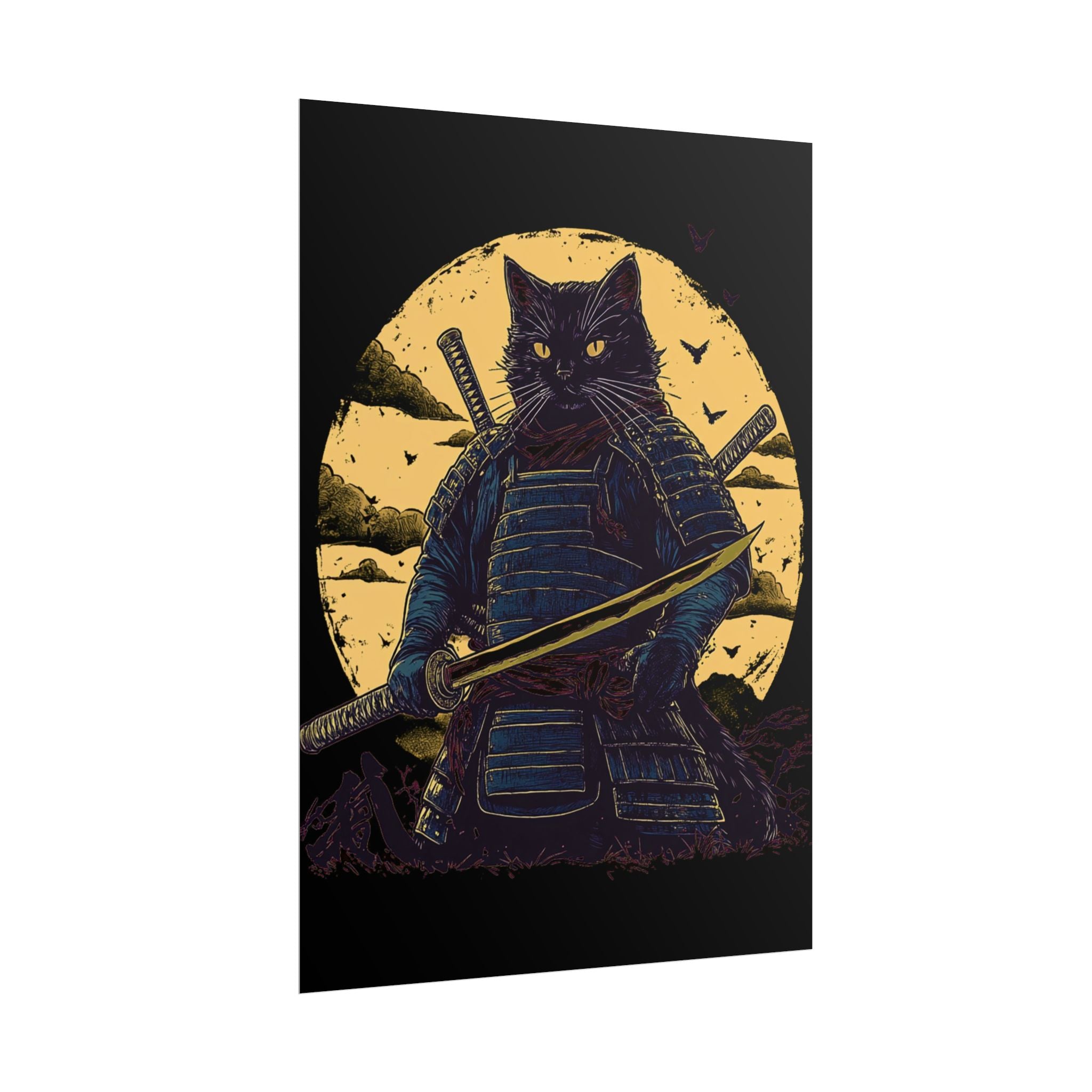 retro-wall-art-samurai-cat-japanese-style-sunset-rolled-posters-home-decor-wall-hanging-poster-gift-japanese-art-poster