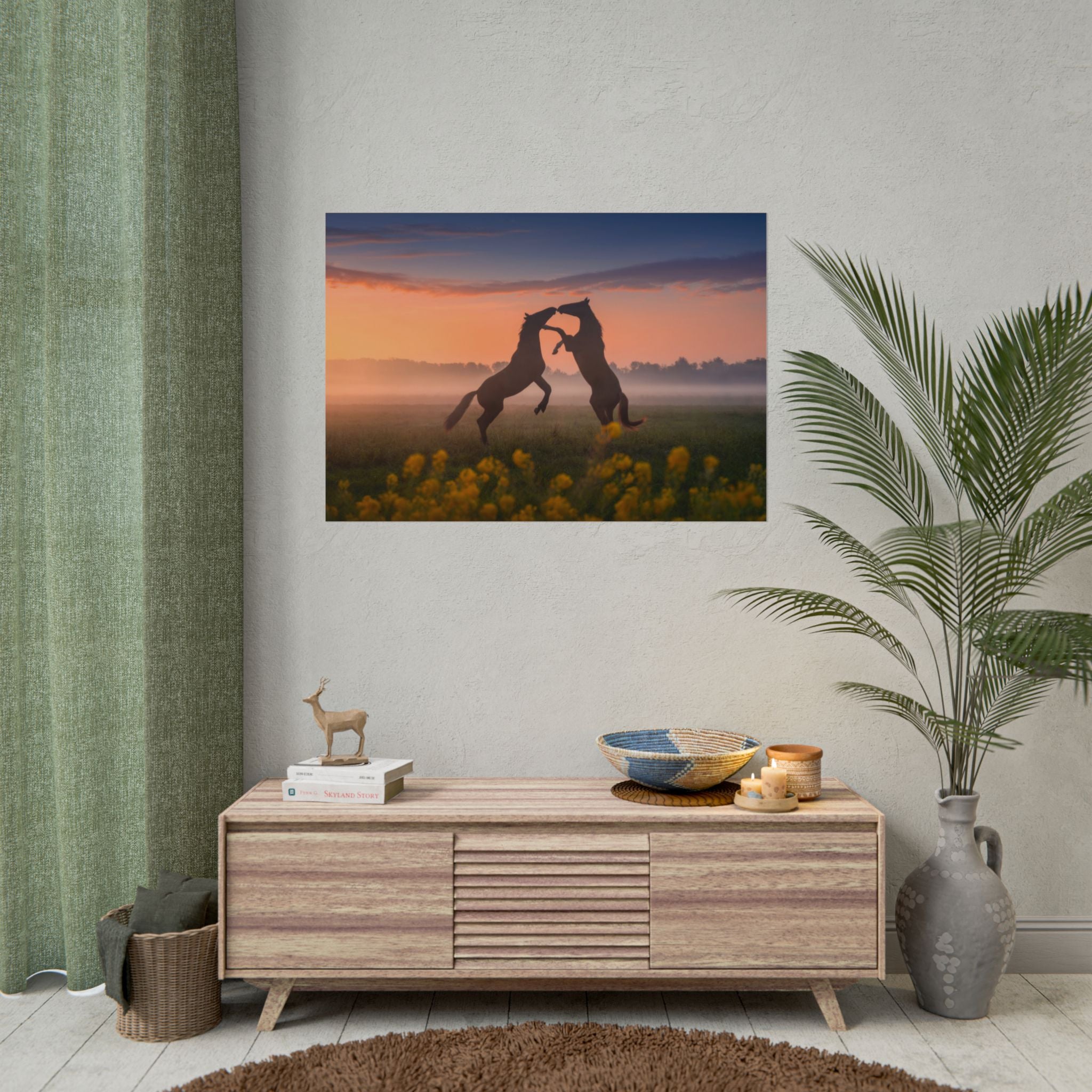 Wild Rising Horses Poster Print, Field of Flowers Decor, Home Decor, Farmhouse Wall Decor, Nature Wall Art, Horse Canvas Print, Mustang