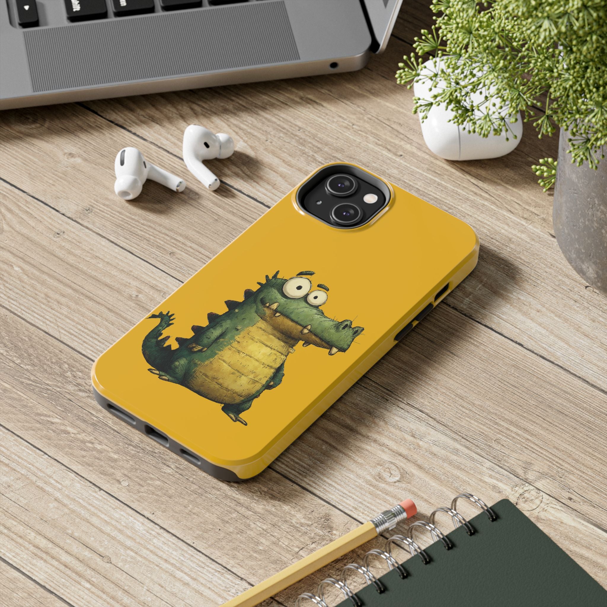 Quirky Funny Alligator iPhone Tough Case - Kawaii Animal Phone Cover - Crocodile Protective Phone Cover - Yellow iPhone Case