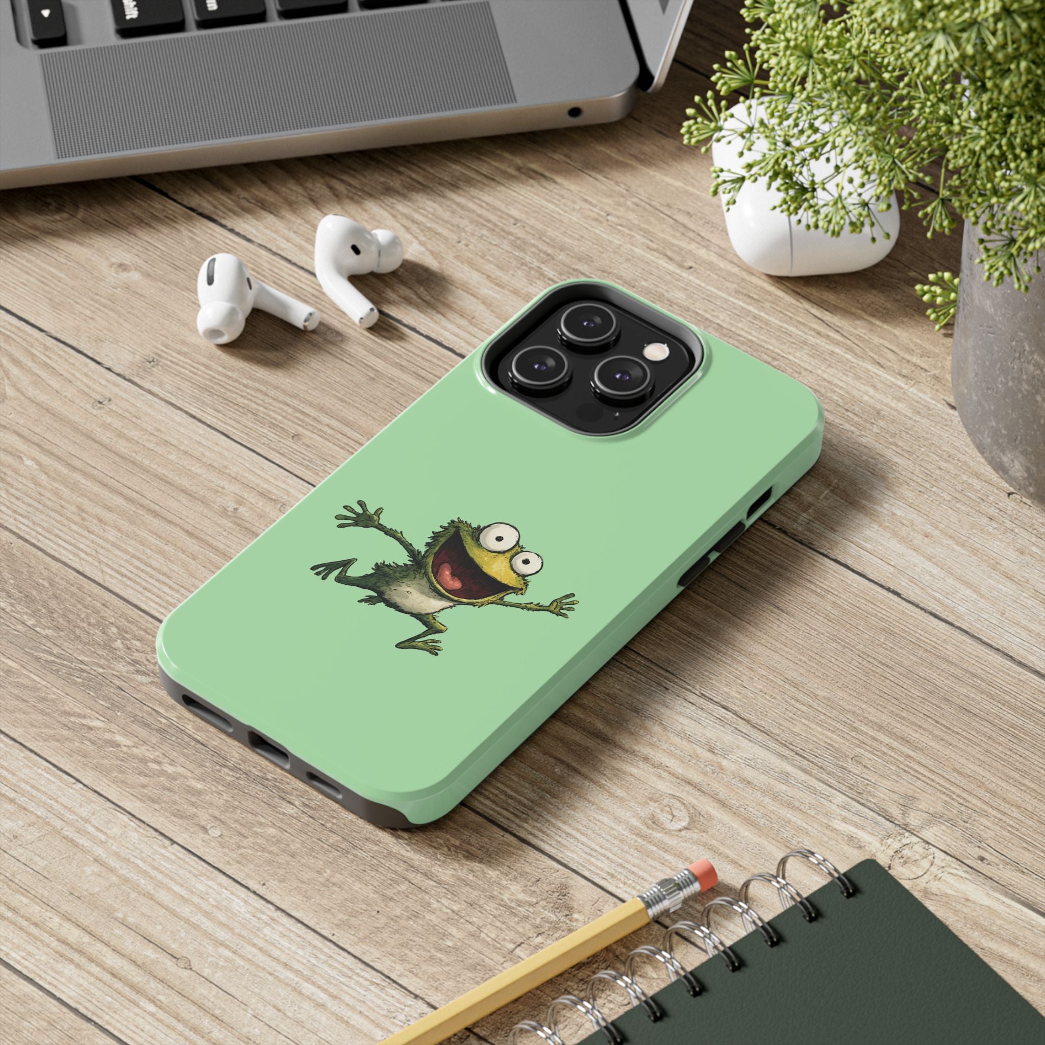 Quirky Funny Frog iPhone Tough Case - Kawaii Animal Phone Cover - Frog Protective Phone Cover - Green iPhone Case