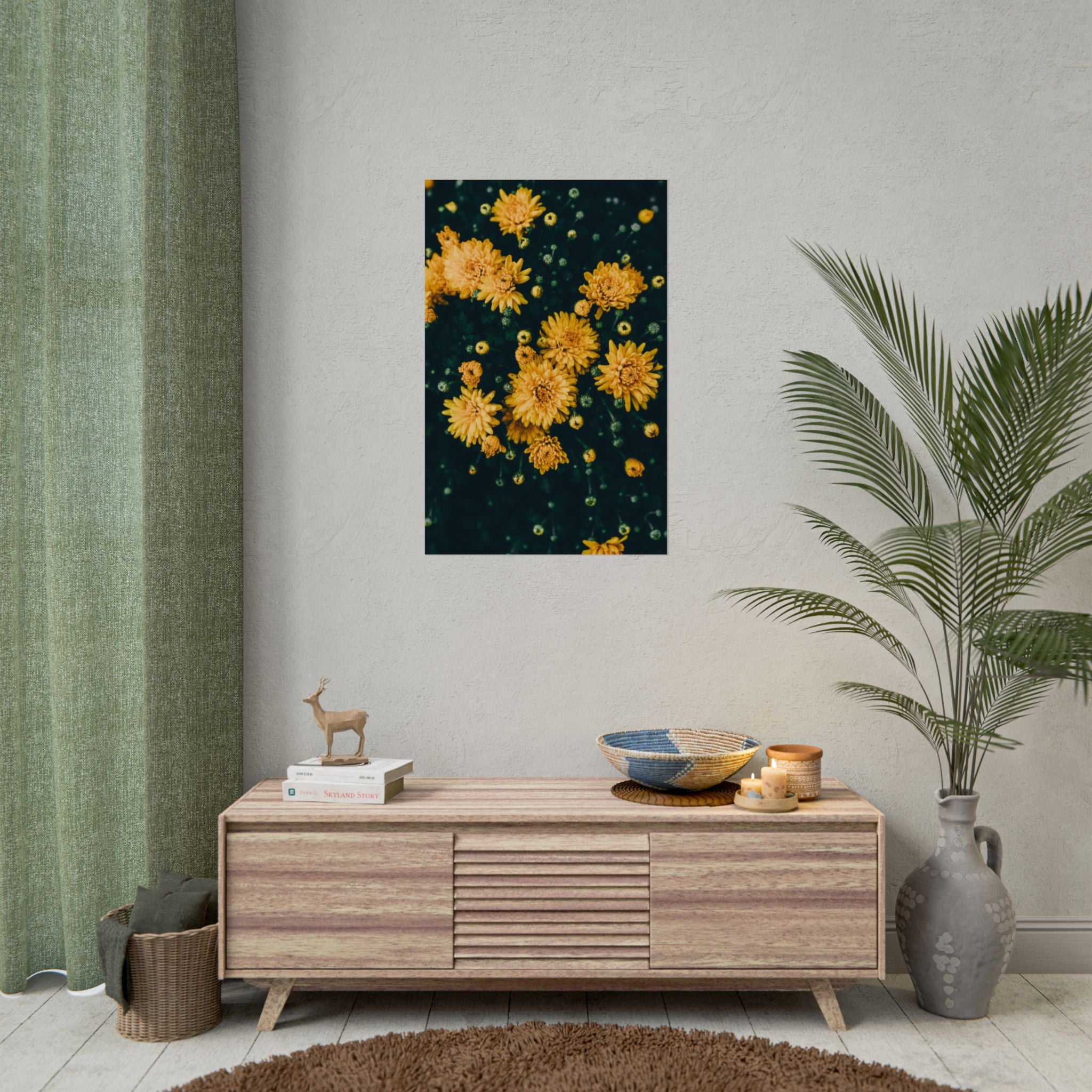 yellow-flower-art-poster-print-floral-wall-decor-floral-home-decor-gift-dark-botanical-art-print