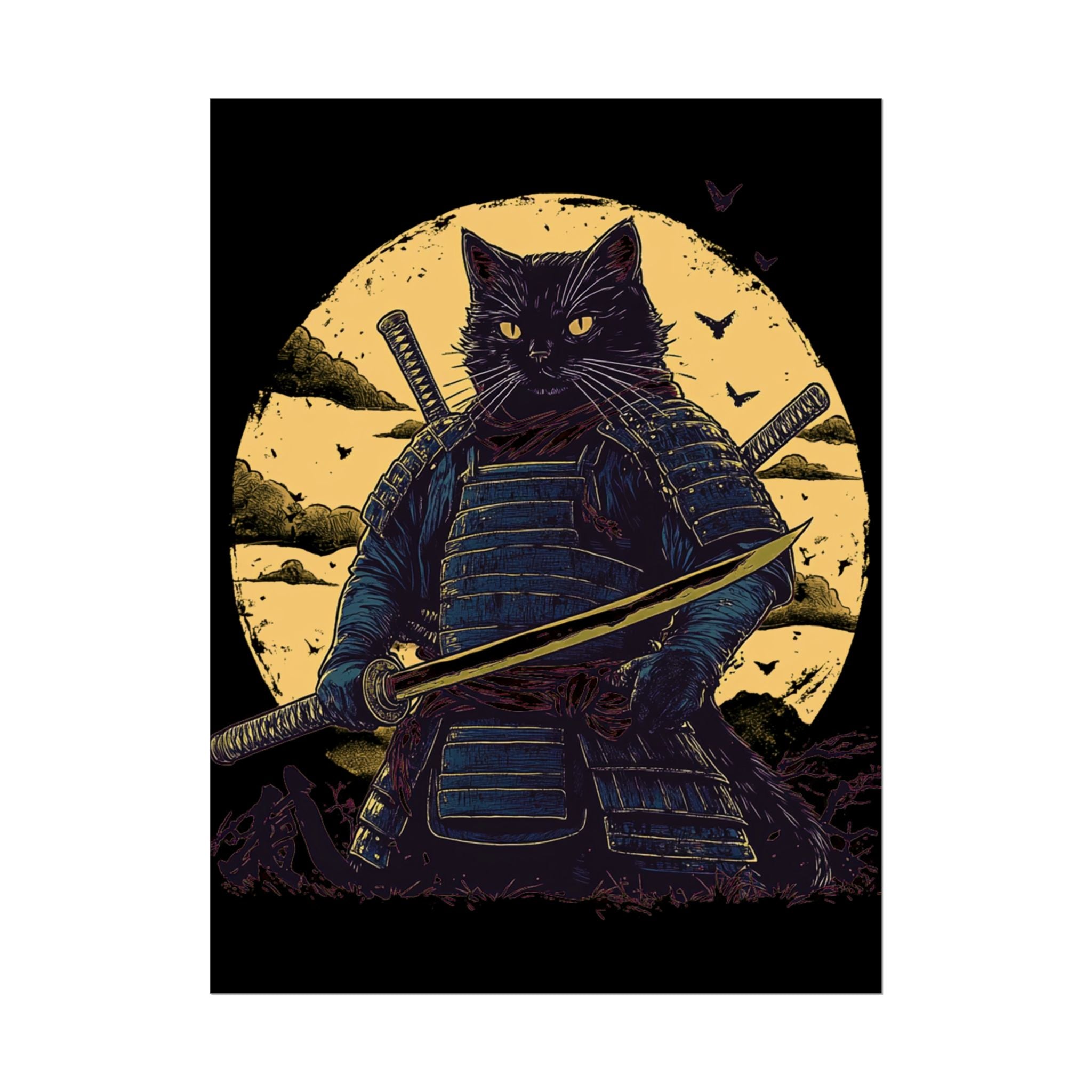 retro-wall-art-samurai-cat-japanese-style-sunset-rolled-posters-home-decor-wall-hanging-poster-gift-japanese-art-poster