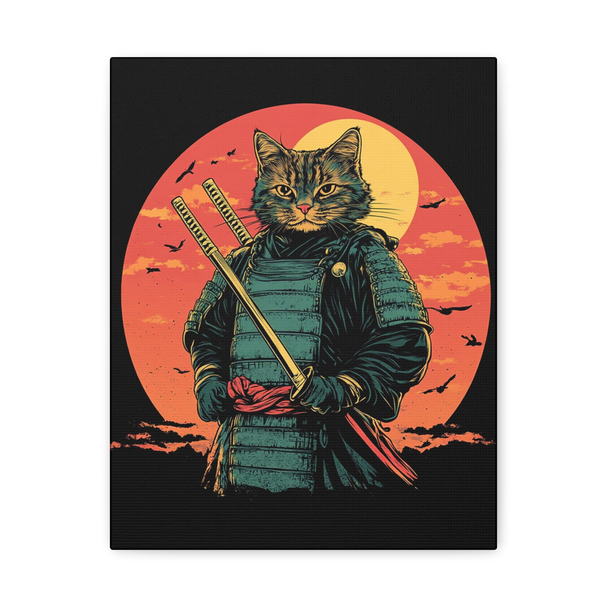 canvas-wall-art-samurai-cat-japanese-style-sunset-retro-wall-decor-stretched-matte-canvas-wall-hanging-home-decor-retro-wall-