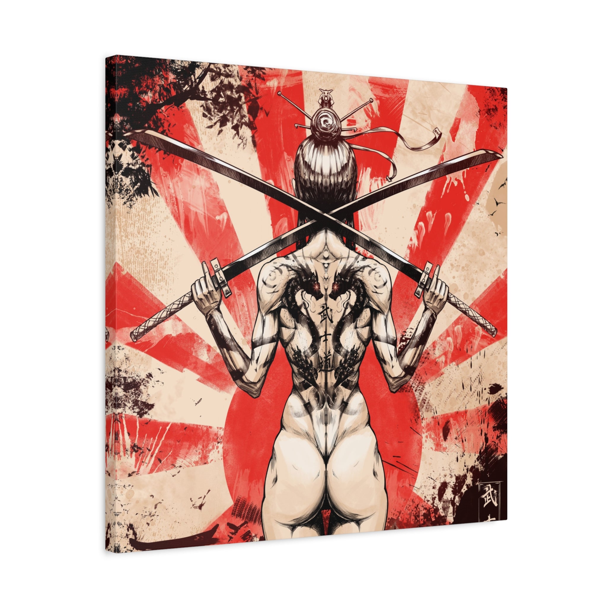 canvas-print-samurai-katana-dragon-tattoo-naked-woman-wall-decor-stretched-matte-japanese-art-asian-home-decoration-fantasy