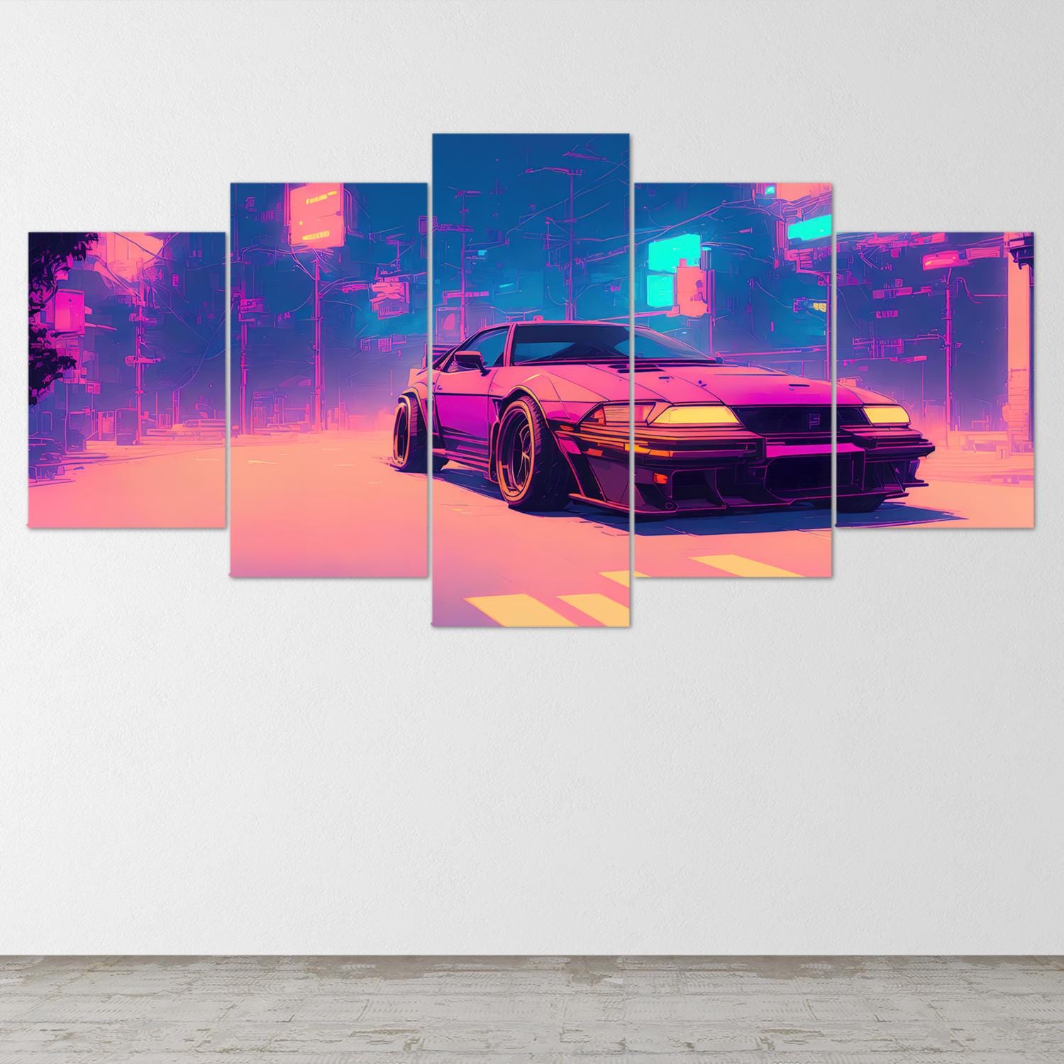 vaporwave-sports-car-5-piece-canvas-wall-art-synthwave-poster-wall-decor-for-bedroom-and-living-room-retrowave-wall-art-5-pan