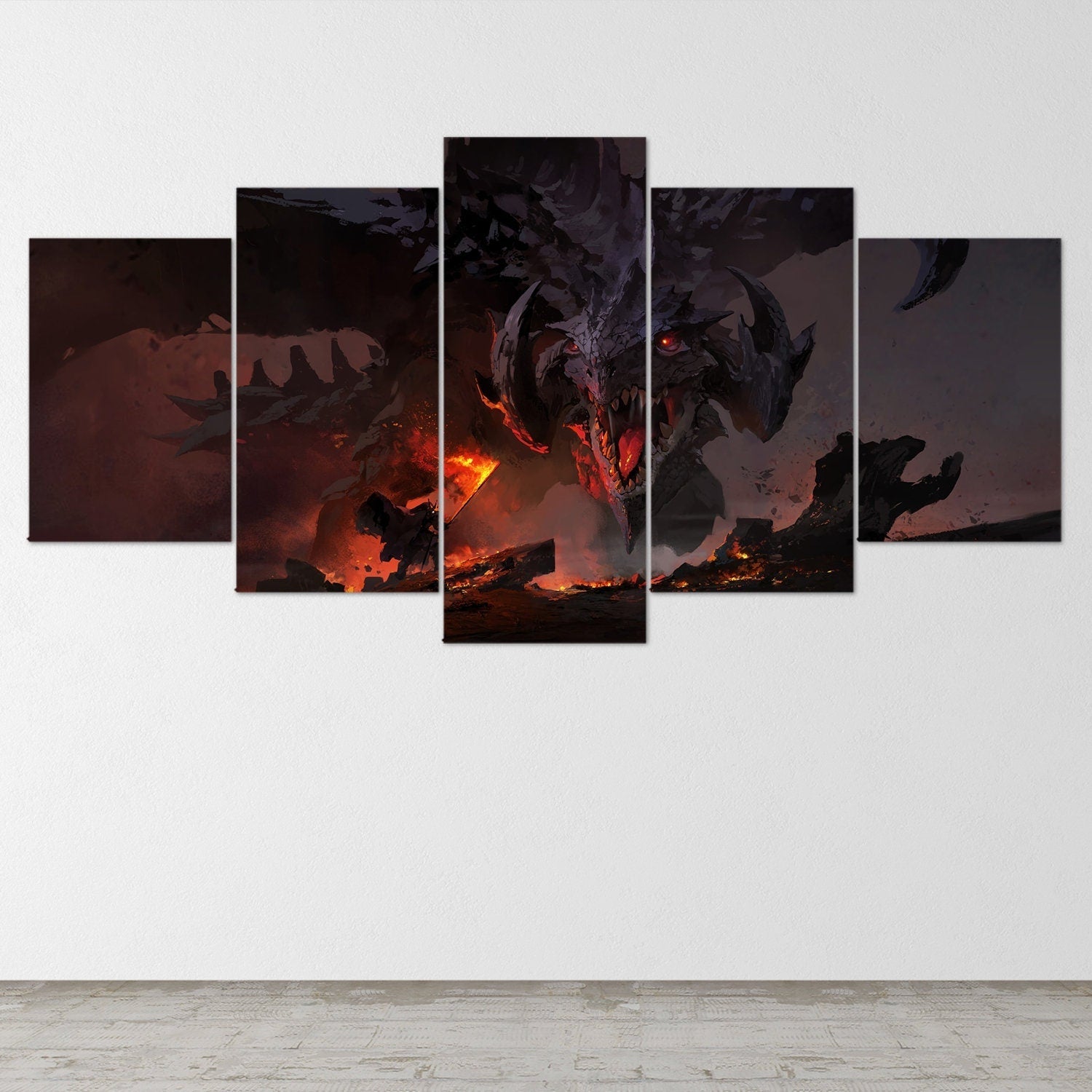 dragon-fire-fantasy-dragon-age-5-piece-canvas-wall-art-dragon-canvas-art-extra-large-wall-art-dragon-poster-5-piece-5-panel