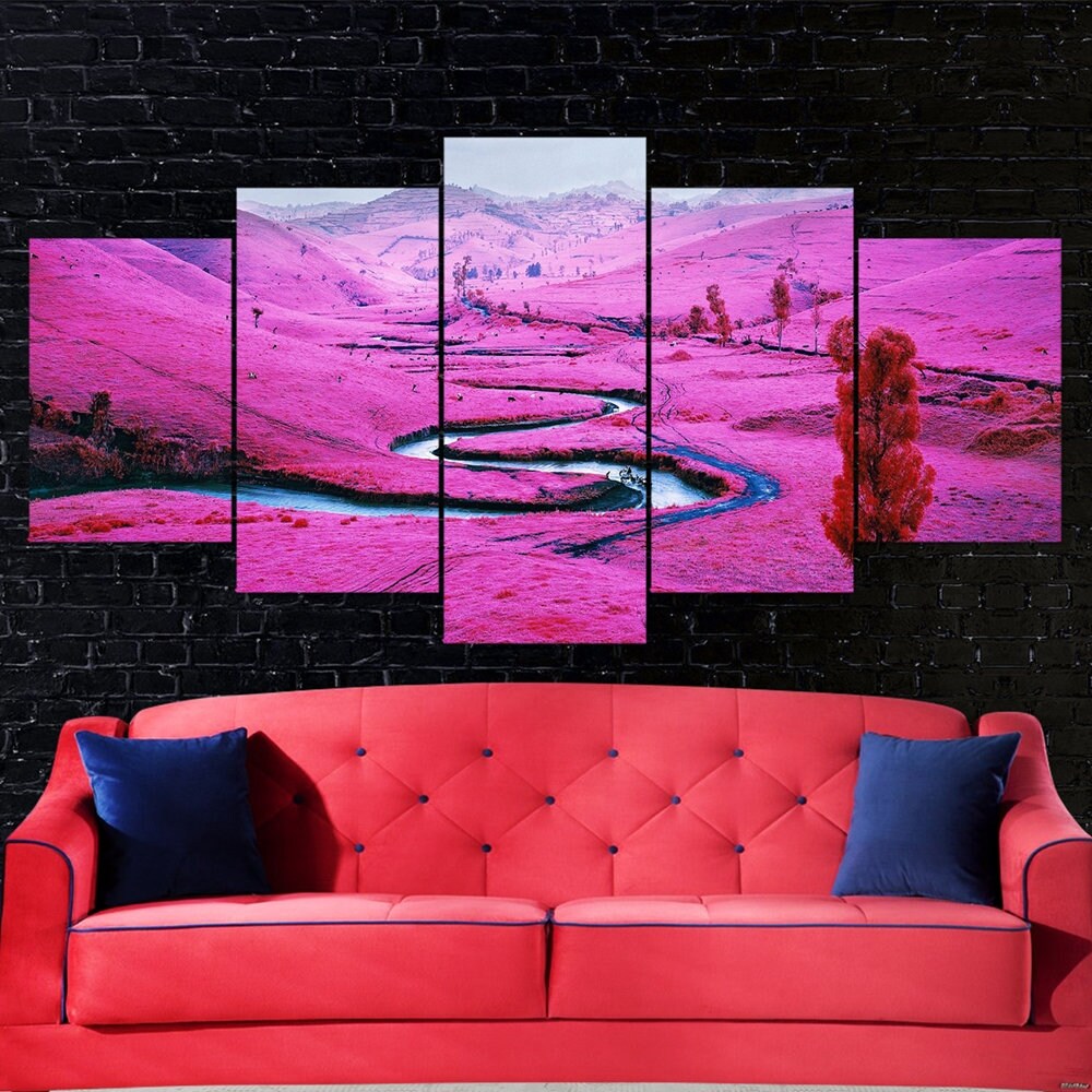 pink-field-spring-landscape-scenery-5-piece-canvas-wall-art-pink-field-art-decor-extra-large-wall-art-spring-poster-gift
