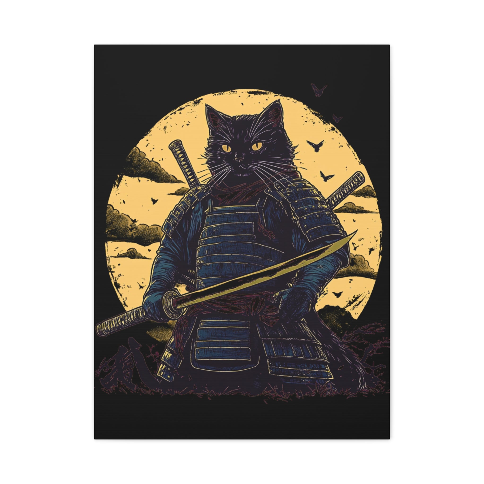 canvas-wall-art-samurai-cat-japanese-style-sunset-retro-wall-decor-stretched-matte-canvas-wall-hanging-home-decor-retro-wall-