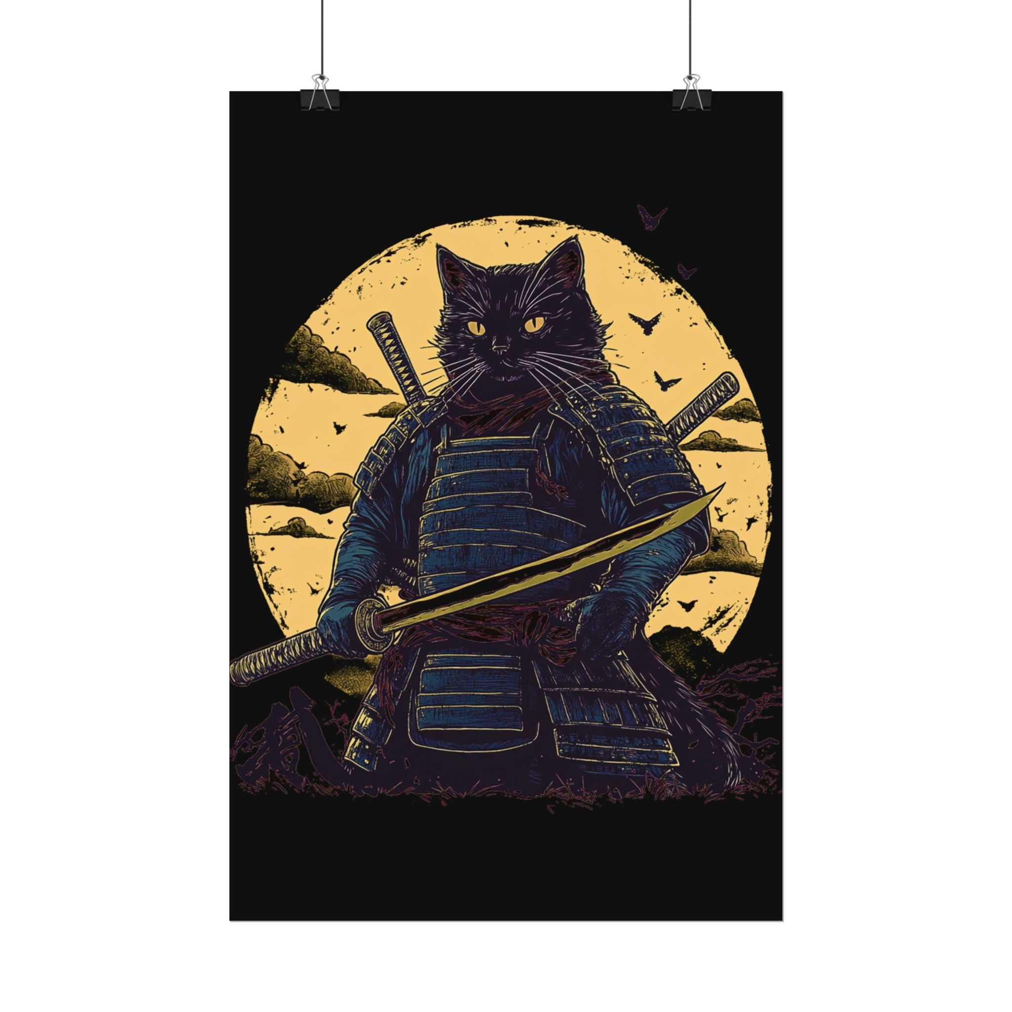 retro-wall-art-samurai-cat-japanese-style-sunset-rolled-posters-home-decor-wall-hanging-poster-gift-japanese-art-poster