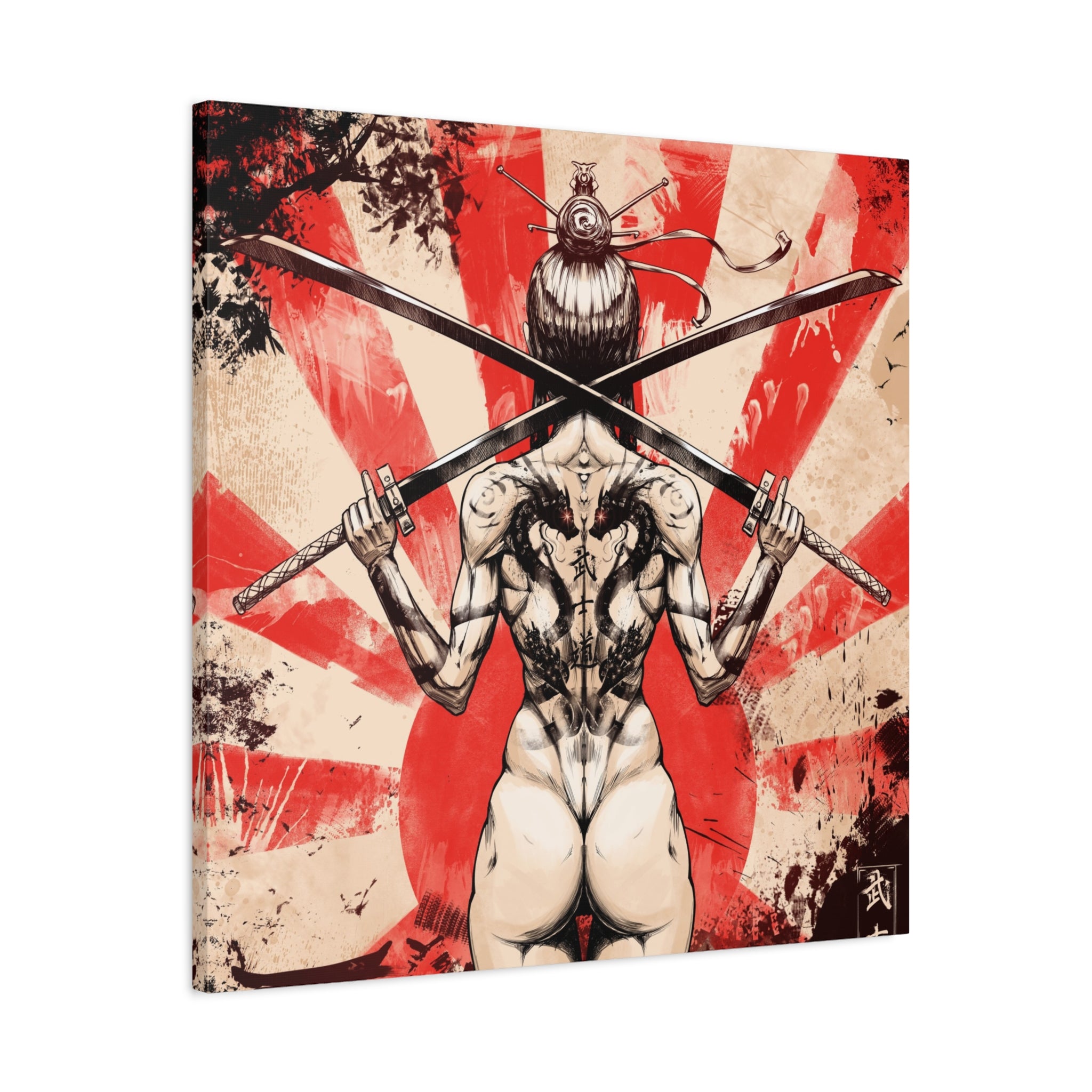 canvas-print-samurai-katana-dragon-tattoo-naked-woman-wall-decor-stretched-matte-japanese-art-asian-home-decoration-fantasy