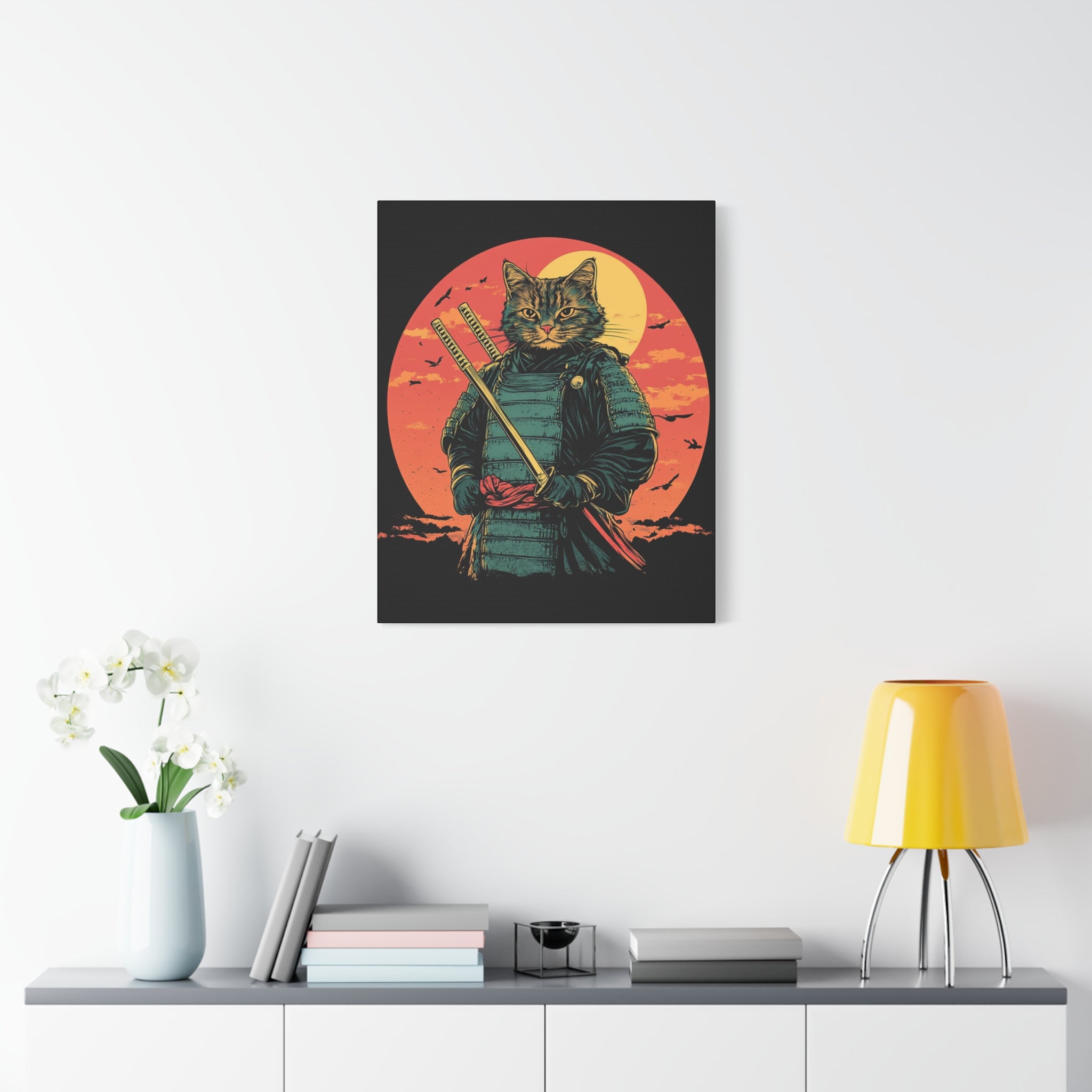 canvas-wall-art-samurai-cat-japanese-style-sunset-retro-wall-decor-stretched-matte-canvas-wall-hanging-home-decor-retro-wall-
