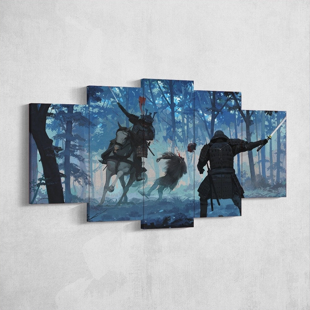samurai-samurai-warrior-fantasy-katana-5-piece-canvas-wall-art-samurai-art-extra-large-wall-art-samurai-poster-5-piece-5-pane