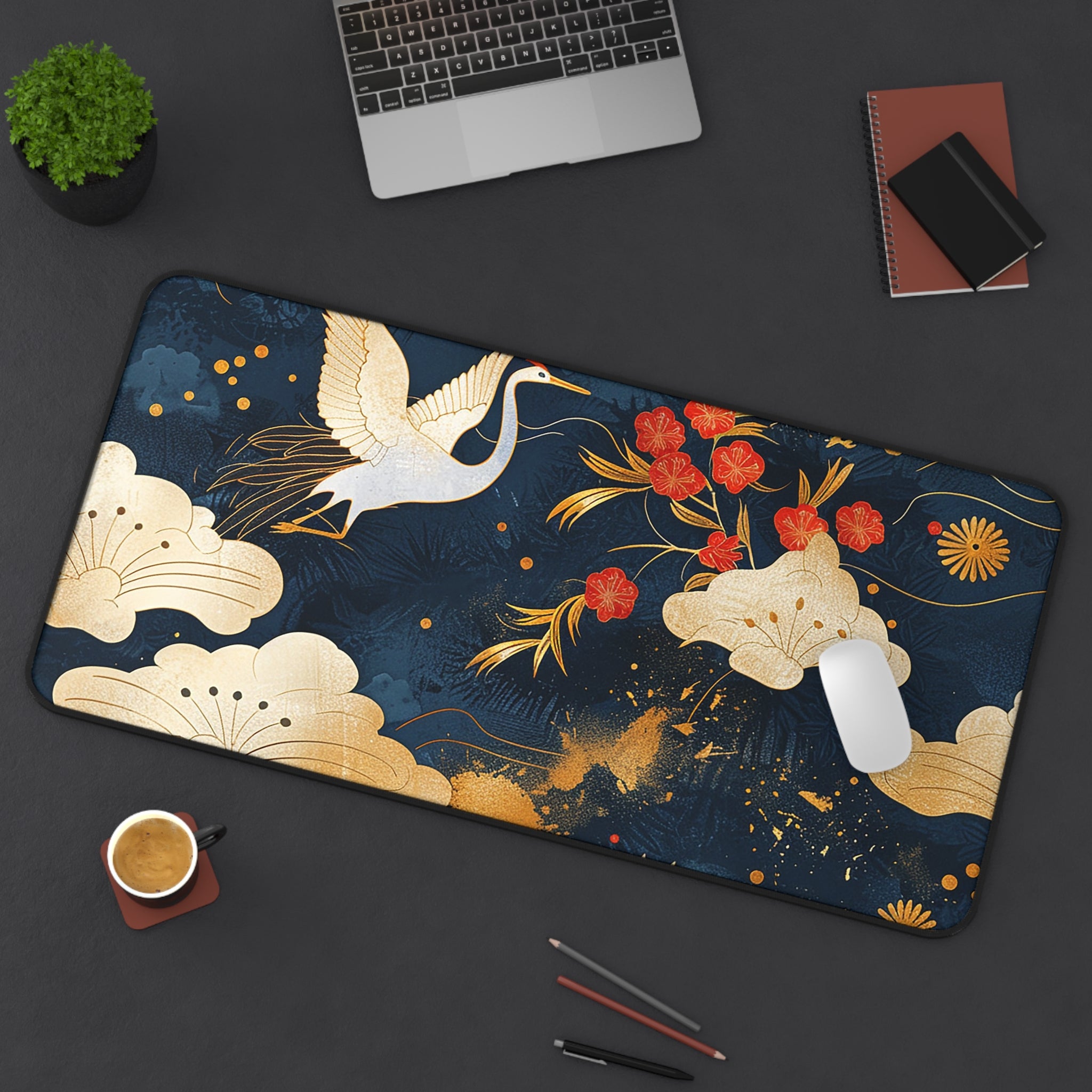 japanese-cranes-art-desk-mat-mousepad-navy-blue-desk-pad-for-home-office-asian-crane-design-gift-for-bird-lovers-office-decor