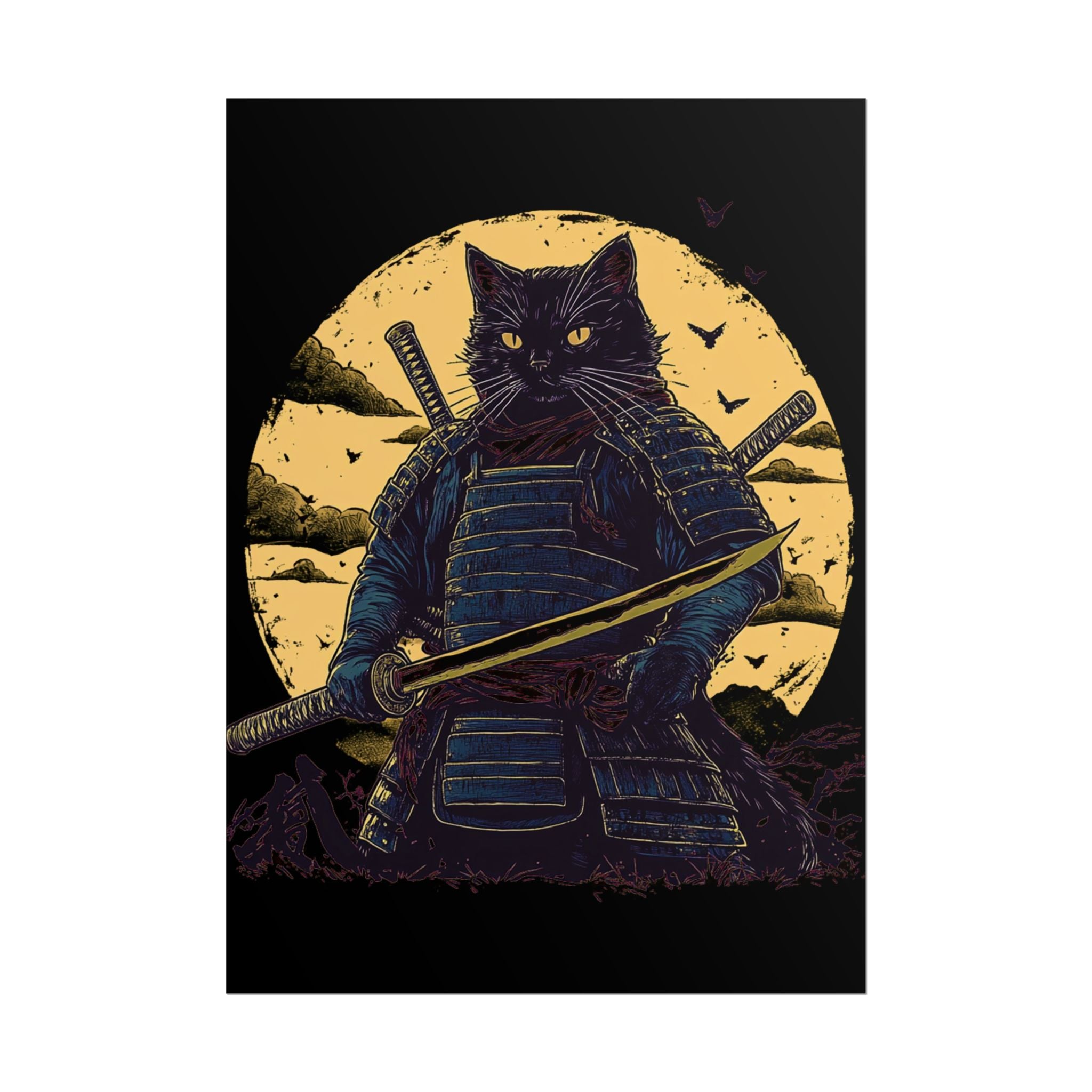 retro-wall-art-samurai-cat-japanese-style-sunset-rolled-posters-home-decor-wall-hanging-poster-gift-japanese-art-poster